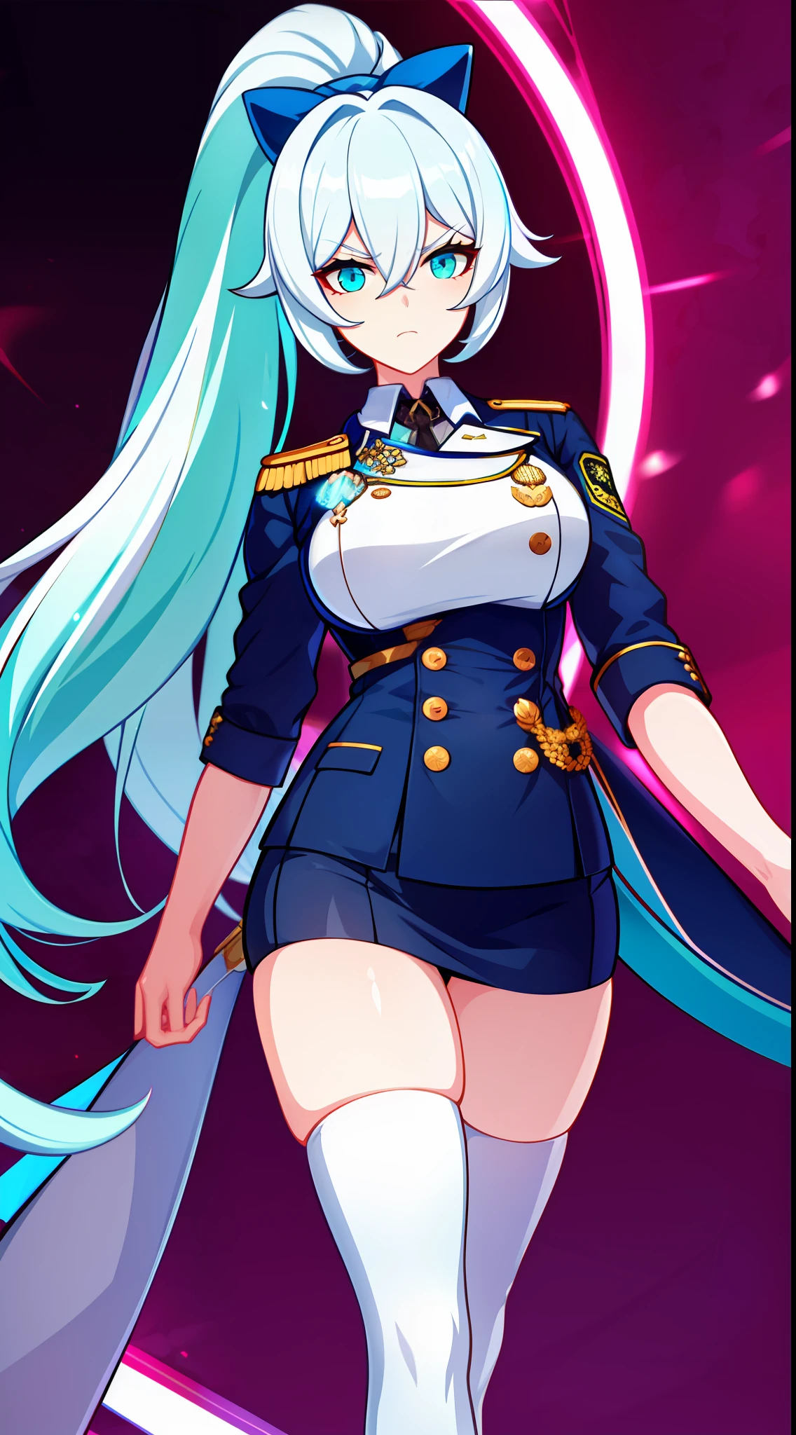 Tall girl, Long white hair, high ponytail, Cyan eyes, Officer's uniform, копьë, anger, Masterpiece, hiquality