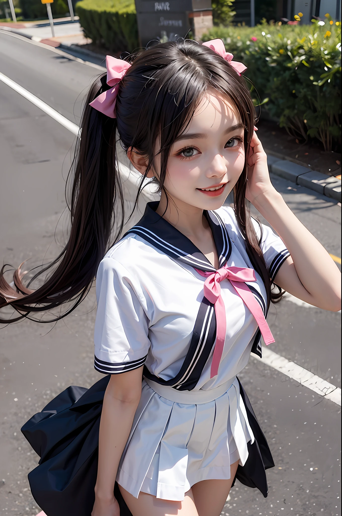 1girll,twintails,Colorful hair,black forest,Road,White sailor suit and short skirt,pink bows,16-year-old female model,Smile
