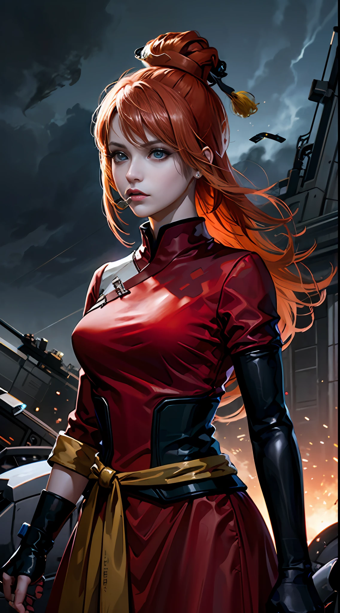 1 japanese girl, WARFRAME, intricate pattern, heavy metal, energy lines, faceless, glowing eyes, elegant, intense, blood red and black uniform, solo, modern, city, streets, dark clouds, thunderstorm, heavy rain,
dramatic lighting,
(masterpiece:1.2), best quality, high resolution,   beautiful detailed, extremely detailed, perfect lighting, wiping mouth,covering mouth,cowboy shot,