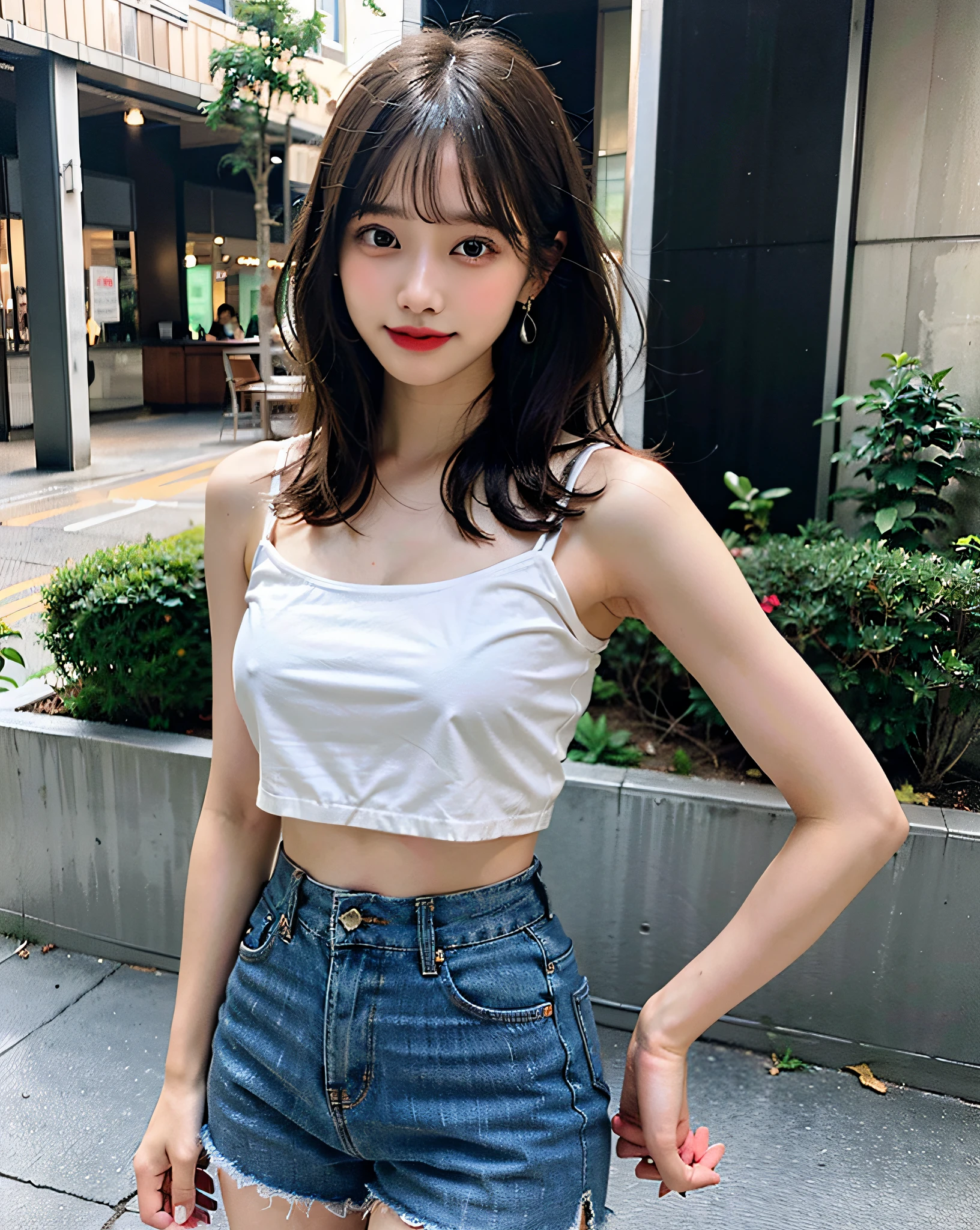 top-quality、Hi-Res、8K、Girl 1 Mature Mature Mature Woman Person、during the day、、A dark-haired、short-cut、with light glowing、outside of house、Luxury、(Medium Hair)、Beautiful detail sky、Beautiful earrings、(dynamicposes:0.8)、(fullllbody:1.2)、Soft breeze、shinny skin、line of sight、Bust、camisole, bare shoulders, cleavage, crop top, cutoffs, denim shorts, midriff, short shorts, spaghetti strap,、Show your ass、nsfw