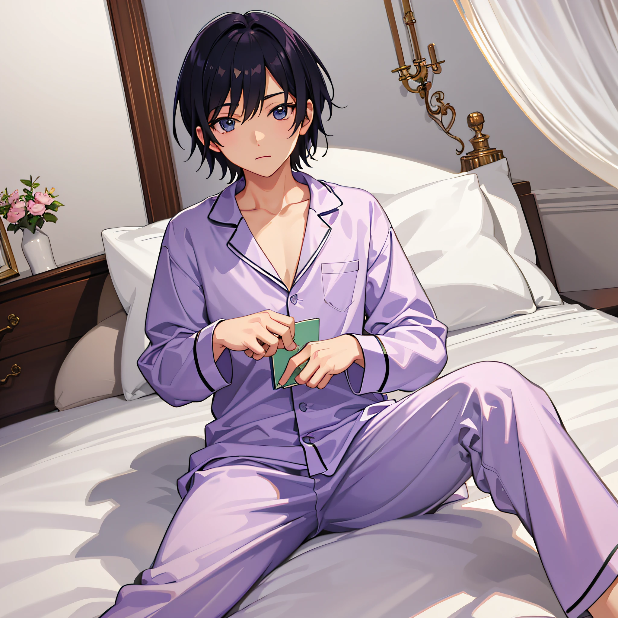 (Ultra-detailed background,detailedbackground),absurderes,A high resolution,ultra - detailed,Extremely detailed, a two-dimensional shota, wearing pajamas, lying on the bed at home, reading manga all over