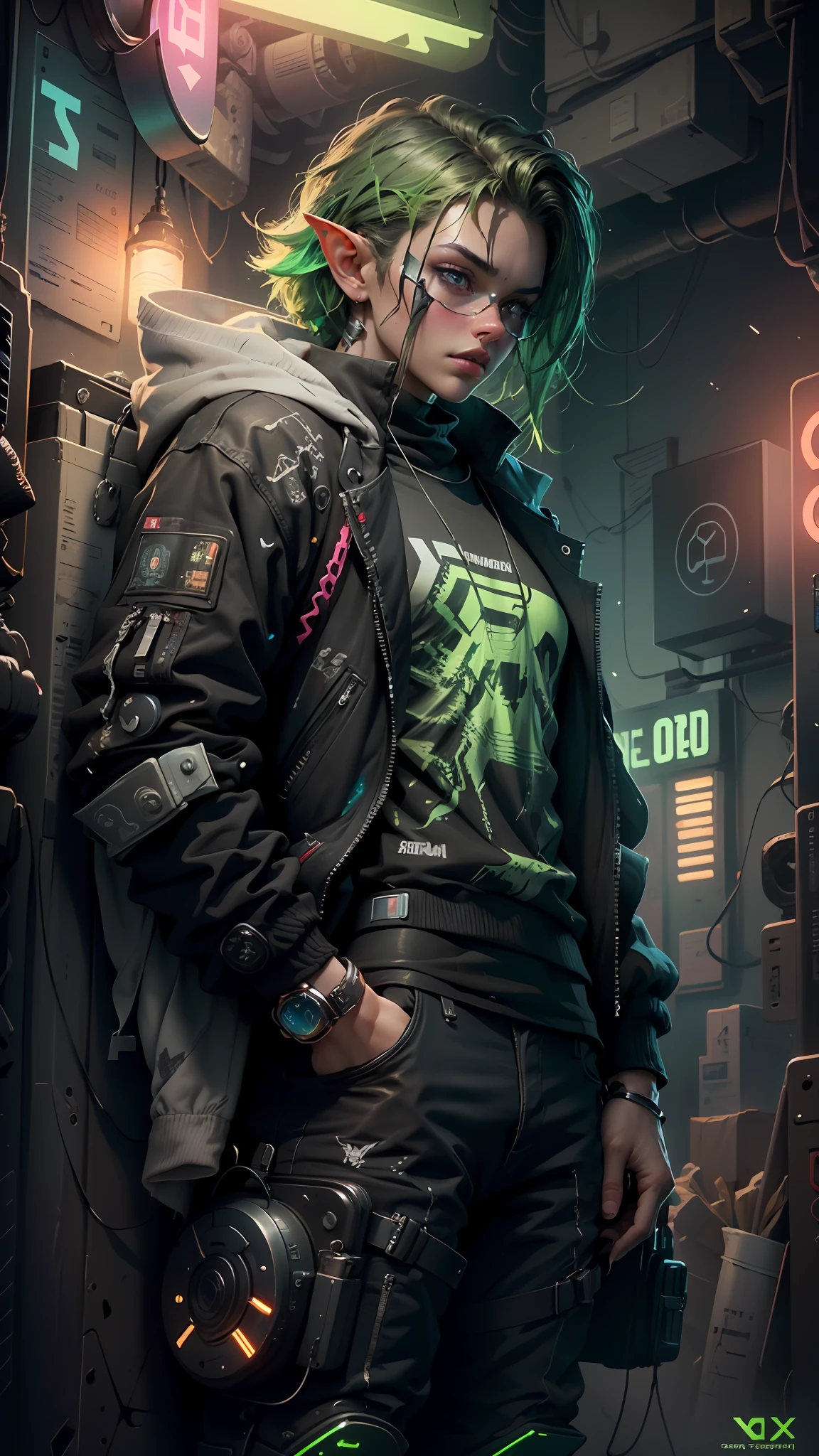 ((Best Quality)), ((Masterpiece)), (Highly Detailed:1.3), 3D, (Cyberpunk:1.3) Zelda cyberpunk link, computer terminal, computer servers, LCD screens, fiber optic cables, corporate logos, HDR (High Dynamic Range) cyberpunk, dark boy, green clothing, green armor, neon green, blond hair, elf, Ray Tracing, NVIDIA RTX, Super-Resolution, Unreal 5, Subsurface Scattering, PBR Texturing, Post-processing,  Anisotropic filtering, Depth of field, Maximum clarity and sharpness, Multilayer textures, Albedo and specular maps, Surface shading, accurate simulation of light-material interaction, perfect proportions, Octane Render, two-tone lighting, low ISO, white balance, rule of thirds, wide aperature, 8K RAW, efficient sub-pixel, sub-pixel convolution, luminescent particles,