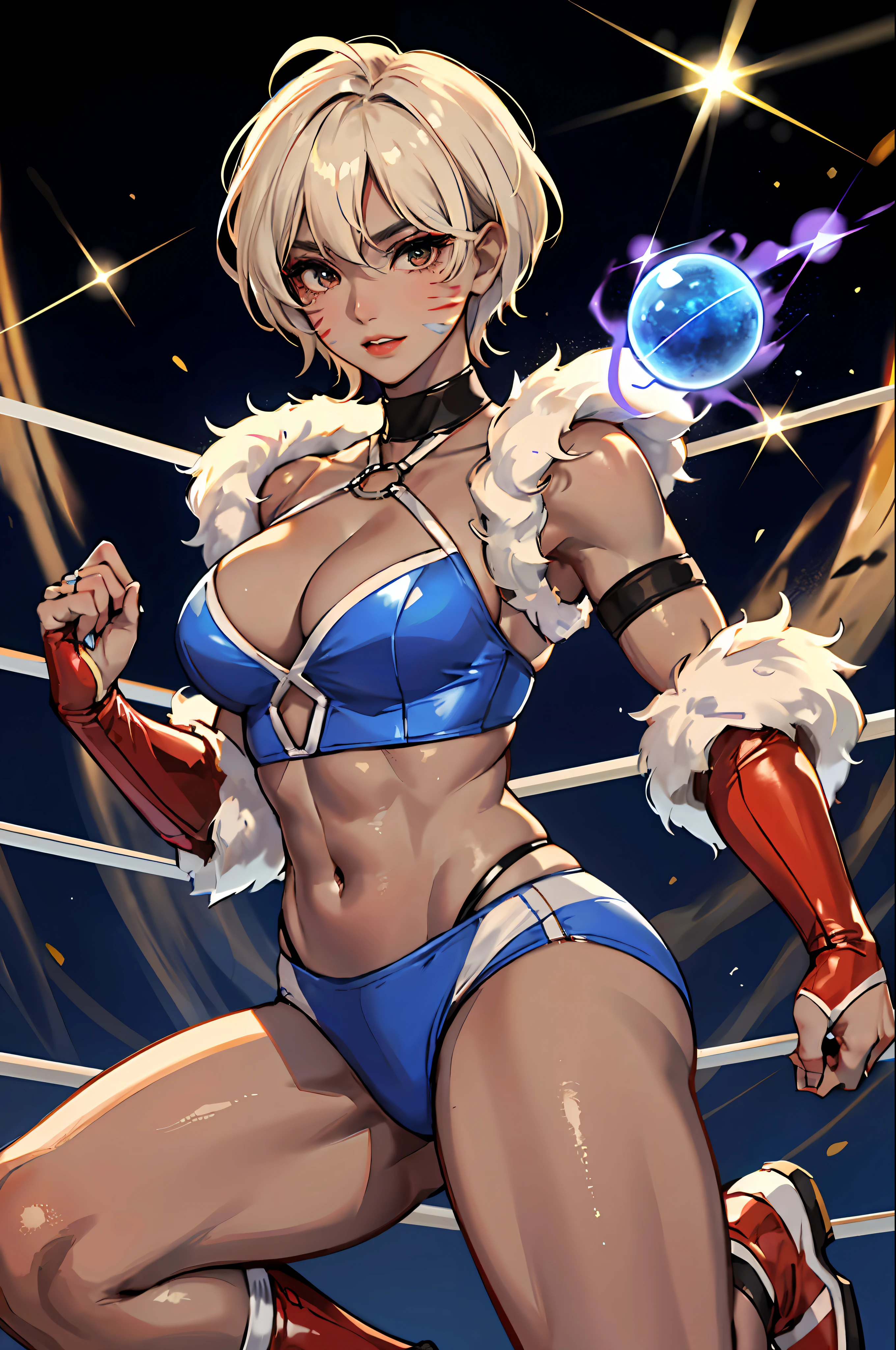 (​masterpiece:1.2、top-quality), (1 Lady、Solo、The upper part of the body:1.2), hair:Shorthair, Clothing:Professional wrestler paint on face、Professional Wrestler Costumes、the ring、Tanned skin、well-muscled、Meteor swarm、Highkick