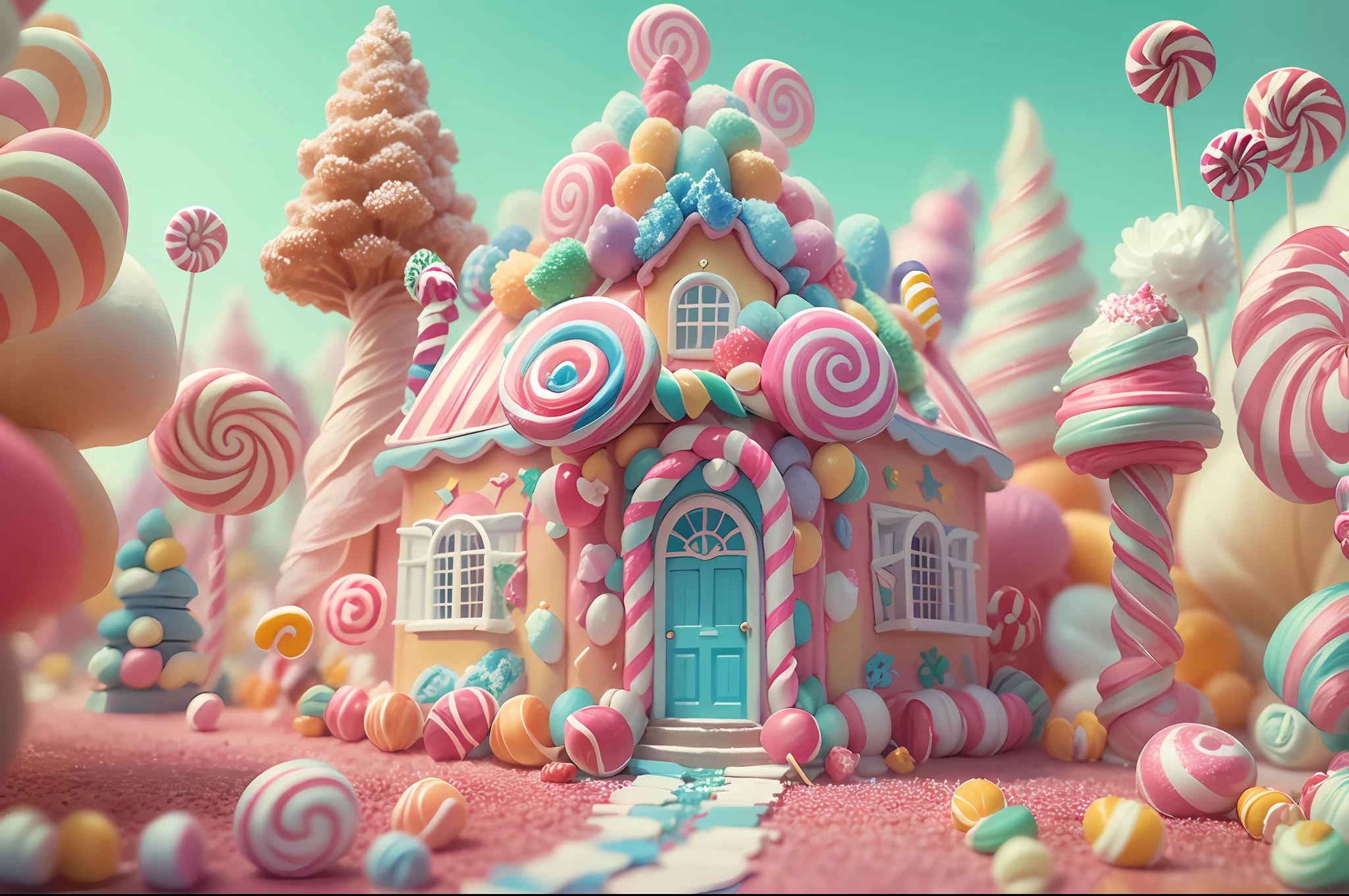 masterpiece,first person view,(a little candy house),(a candy land style house), cotton candy trees, everything is made of candy, cotton candy, candy land,made of candy, made of candy and lollipops , sculpted in candy, candy forest, candy coated, Raw photo, hyper-realistic, maximum details, intricate details,