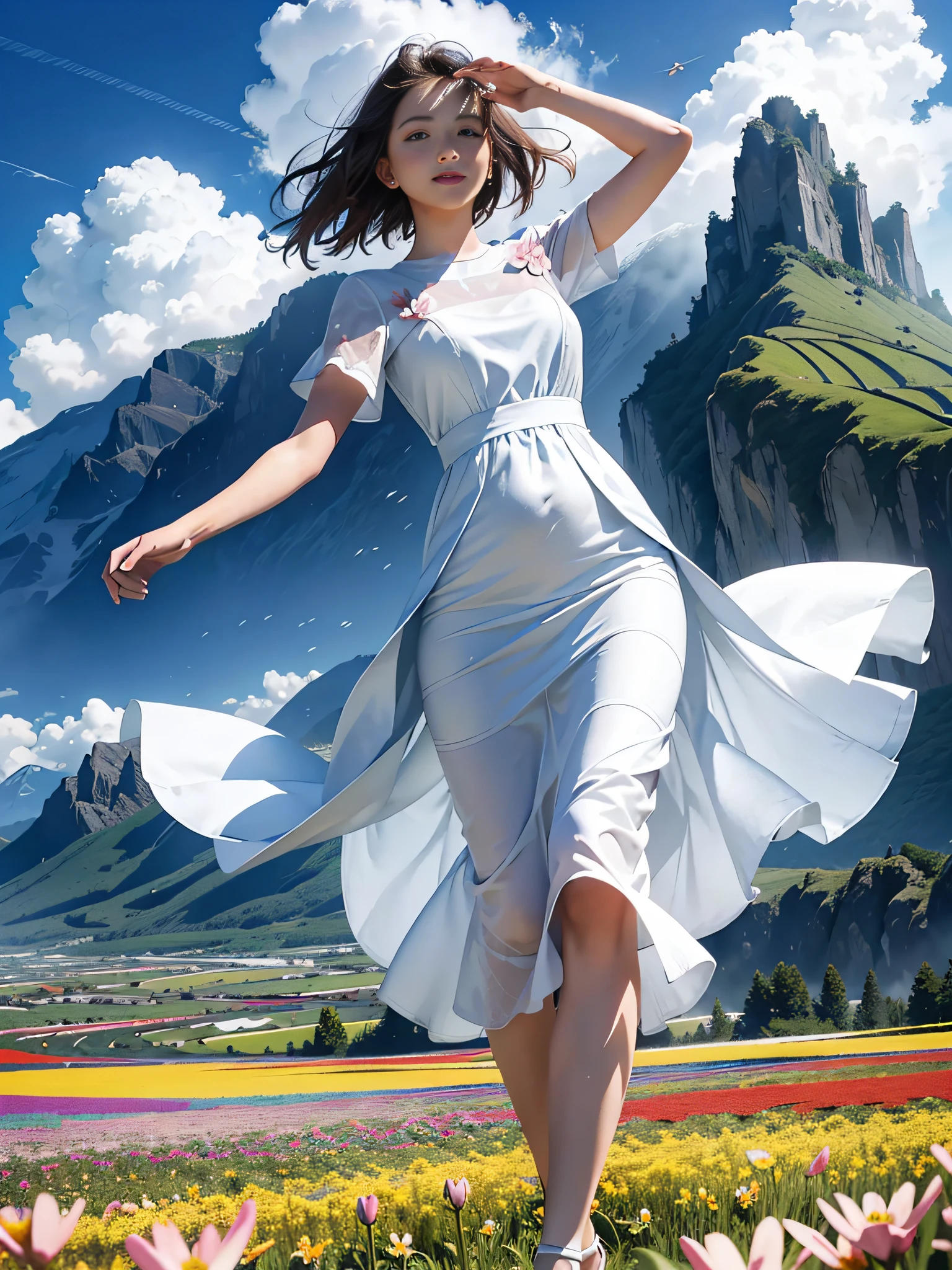 1girl, dynamic angle, cloud and mountain, (flower field:1.4) in the foreground, white dress, light tracing, (floating colorful wind:1)
(photorealistic:1.4), official art, unity 8k wallpaper, ultra detailed, beautiful and aesthetic, masterpiece,best quality, glowing skin, cinematic lighting, light smile