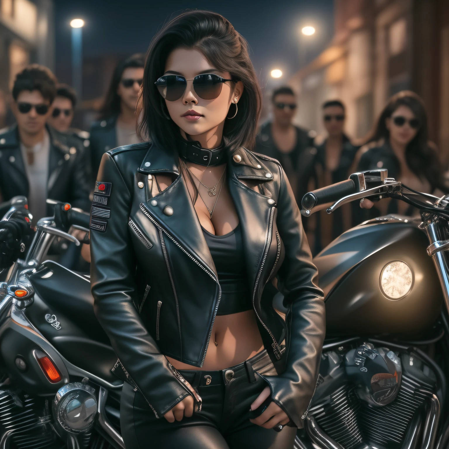 biker girl in leather clothing, brunette with black power style hair, Rayban style glasses, open leather jacket showing her beautiful cleavage, ????????????, facing the camera, beside the motorcycle, looking at the camera, ???? style, located on a motorcycle club meeting at night