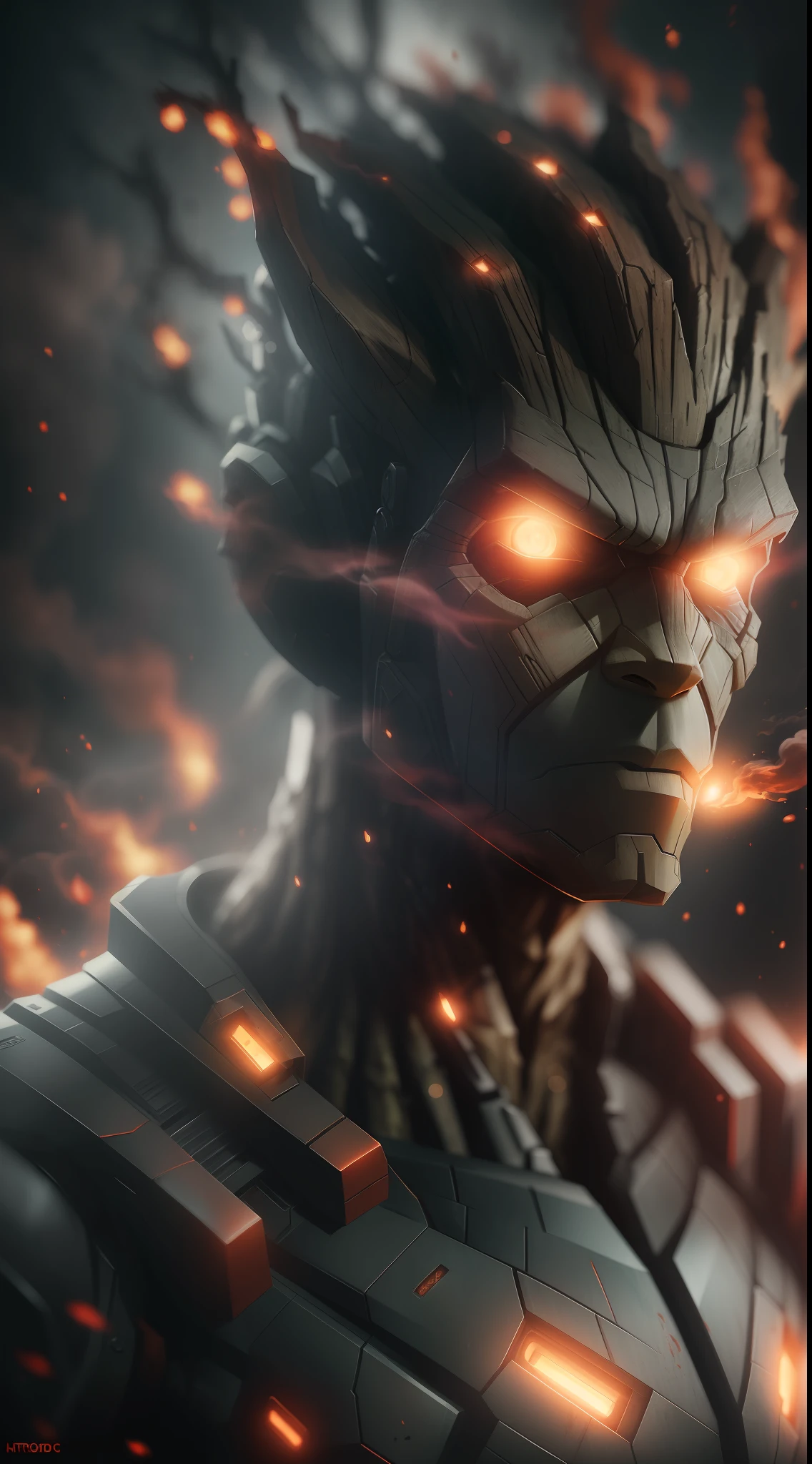 (gloomy shot: 1.1), epic realistic, Cyborg Groot from Marvel in a red smoke cloud, soft cinematic light, Adobe Lightroom, darkroom, HDR, intricate, highly detailed, (depth of field: 1.4), hyper-detail (artstation: 1.4), cinematic, warm light, dramatic light (complex details: 1.1)