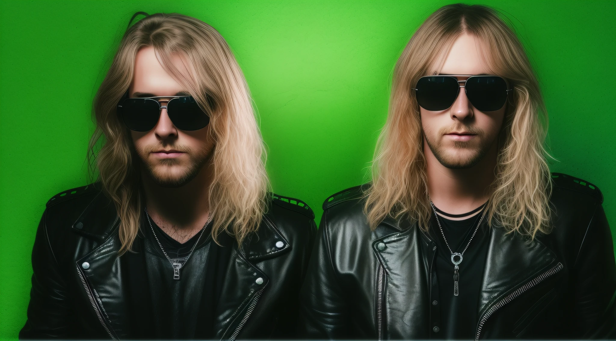 3 BLONDE BOYS LONG HAIRED, in black leather jackets and sunglasses, HALF BODY, SOFT GREEN BACKGROUND LIGHTS, posing for a photo, high quality photo, very low quality image, heavy rock band promotional photo, phosphorescent, heavy metal band promo, photo of a promotional session, very high quality,  war photo, the scooter (EDM band, sinister vibe, the name of the band is Roborock