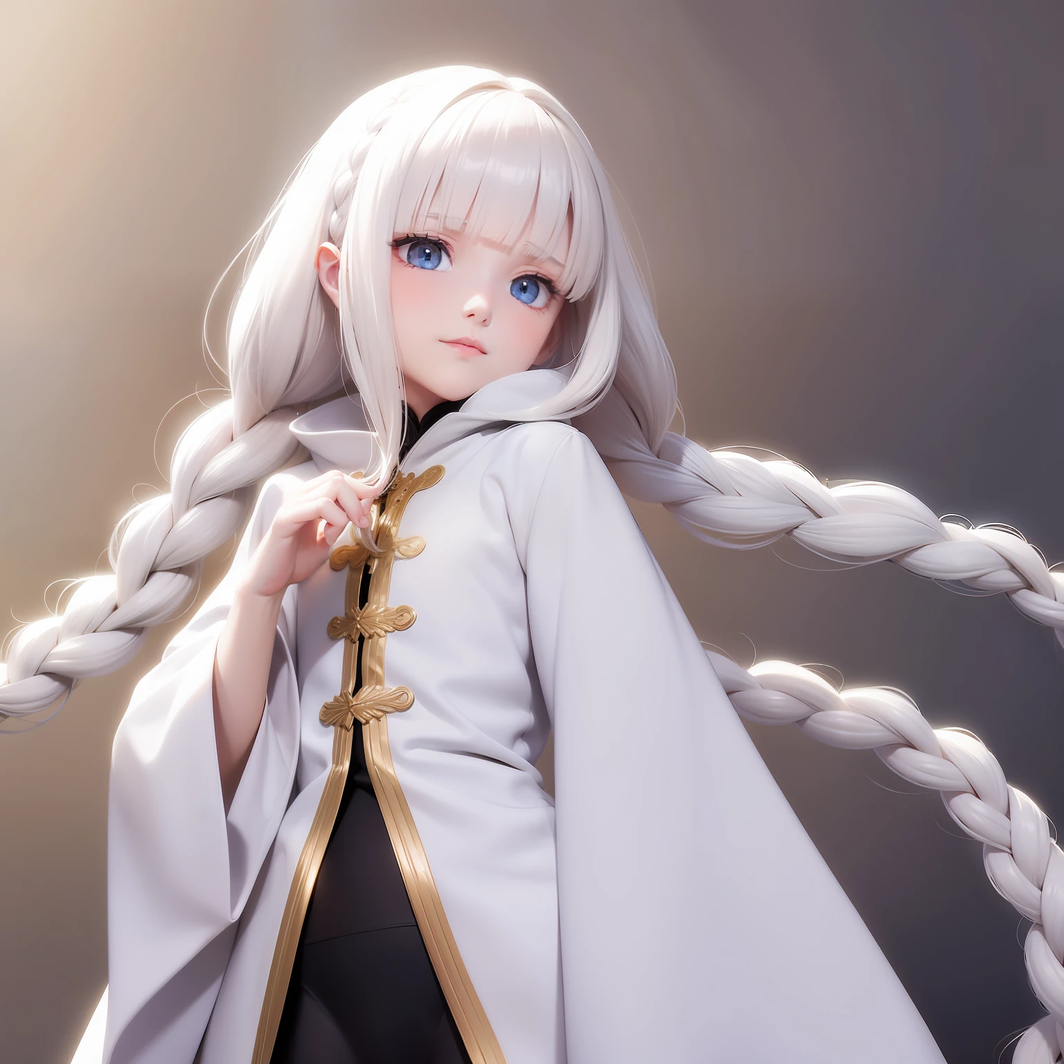 Manteau blanc,white skinned,whaite hair,long braid,Golden eyes,Look up,The upper part of the body,Need,tmasterpiece