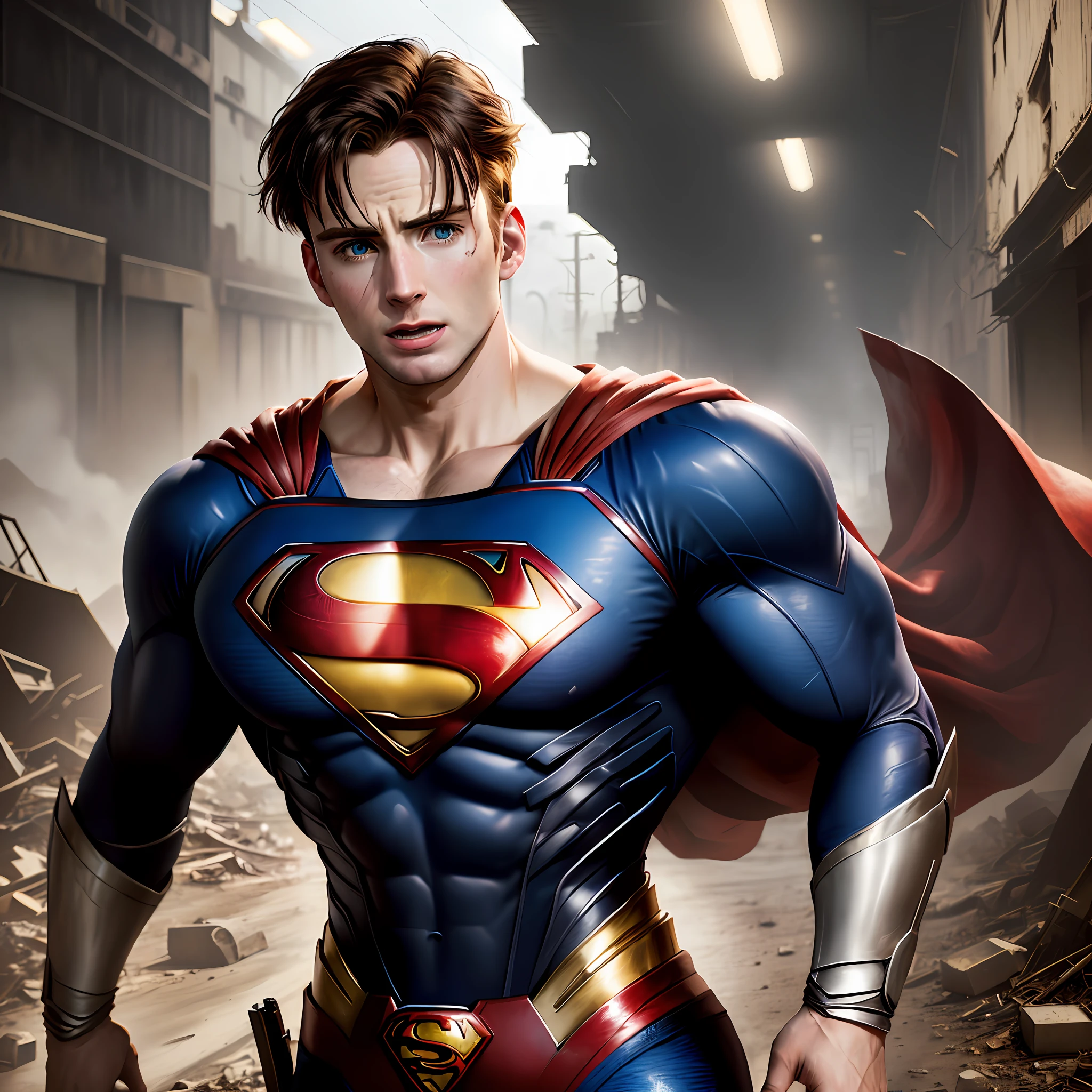 Chris Evans hyper detalhado, cosplay hiperrealista Superman, Post-Apocalypse setting