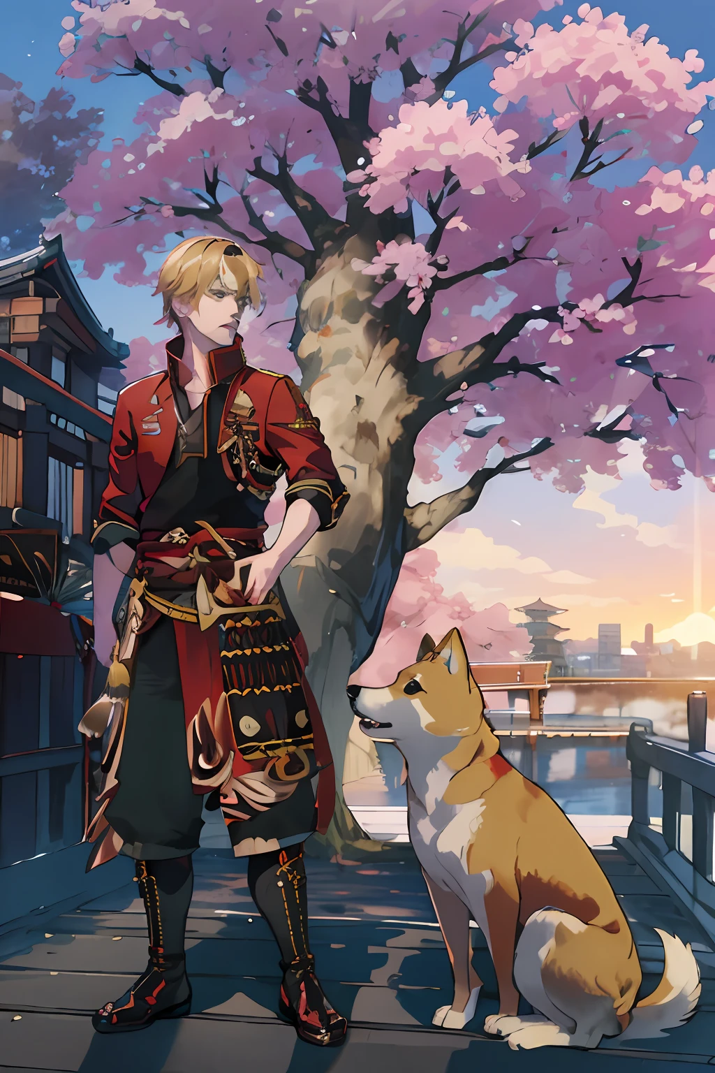 extremely delicate and beautiful, Amazing, finely detail, masterpiece, ultra-detailed, highres,best illustration, best shadow,intricate,sharp focus, high quality, 1 male solo, handsome, broad shoulders, ((blond hair)), red and black jacket, black hairband, standing on a bridge, sunrise, shiba dog, sakura trees