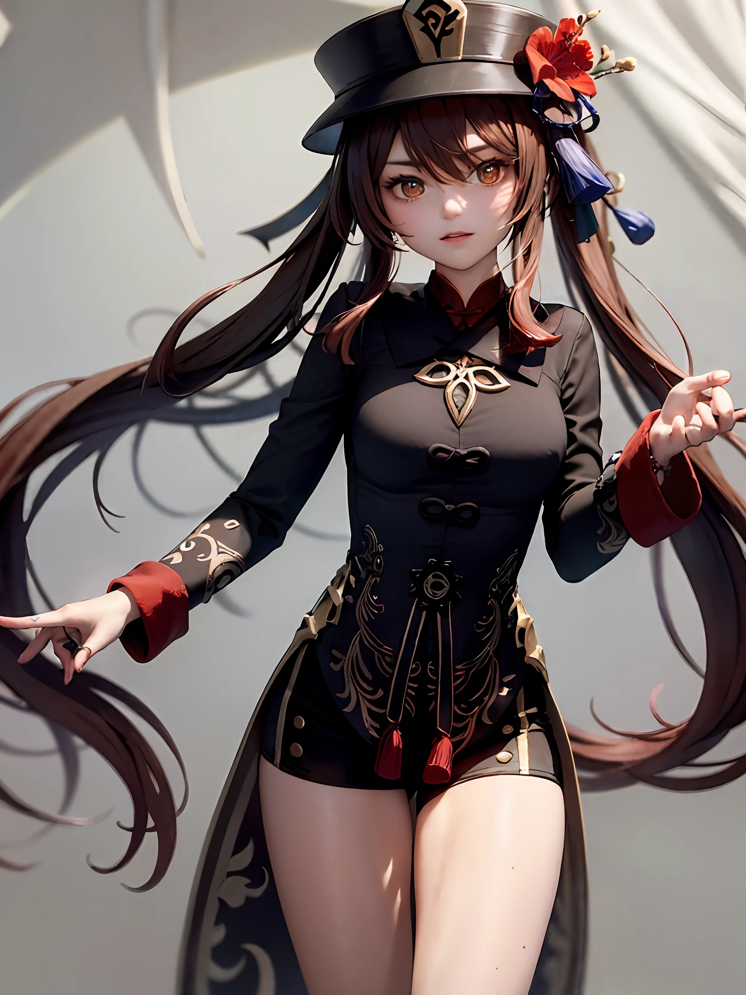 flower, Red_flower, Solo, Hat, Long_Hair,Hu Hutao \(Genshin Impact\),Mature female, Looking_at_peeping at the viewer, The upper part of the body_Body, Chinese_clothes, 1girll, Hat_flower, brown_Hair，Closed_Mouth, hibiscus, Red_Rose, spider_Lily, bangs,kbxll，heart shaped hand