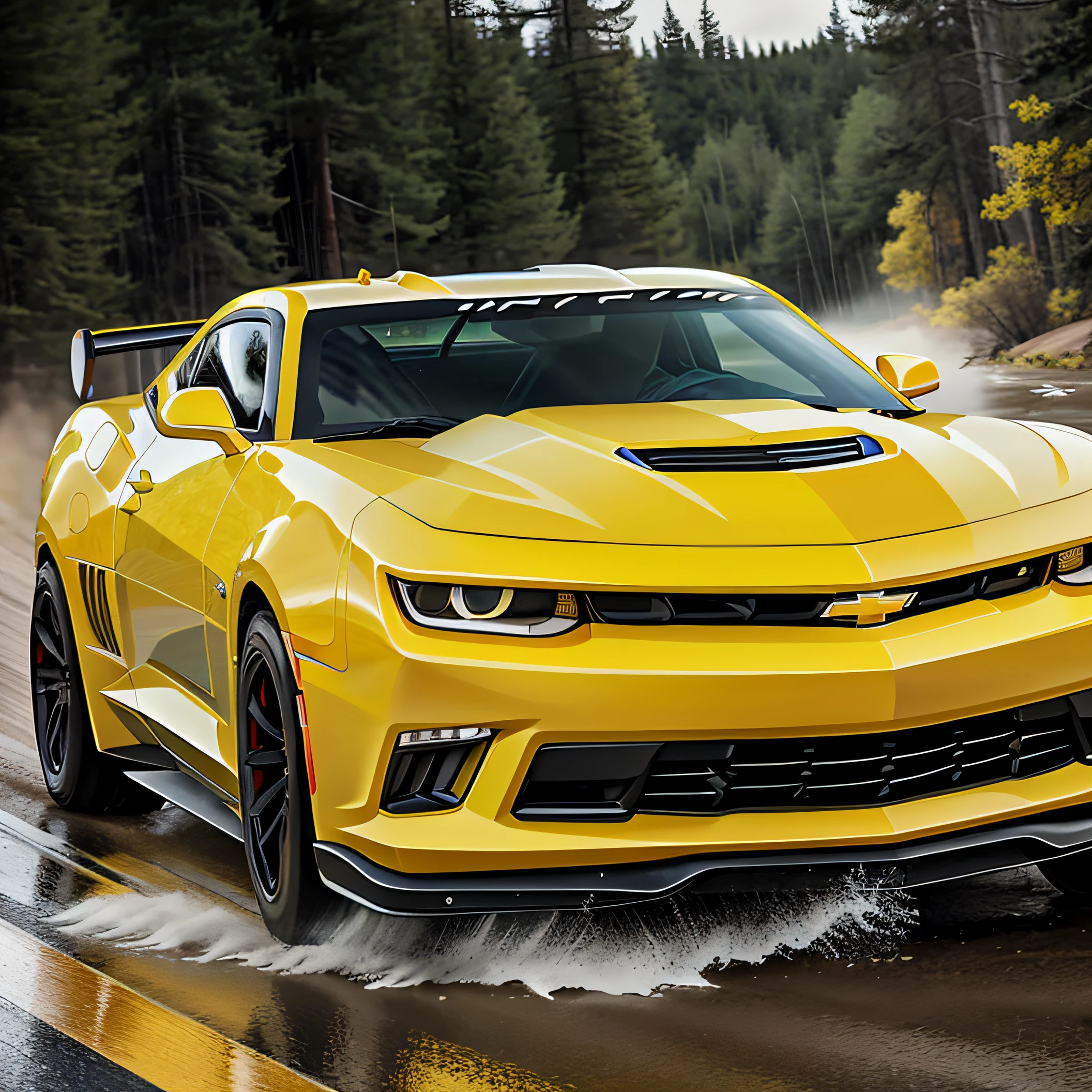 A yellow Chevrolet Camaro races wildly over the wilderness,Advancedsense,downpours,The vehicle is mechanical,With spoiler,Explosive reform --auto