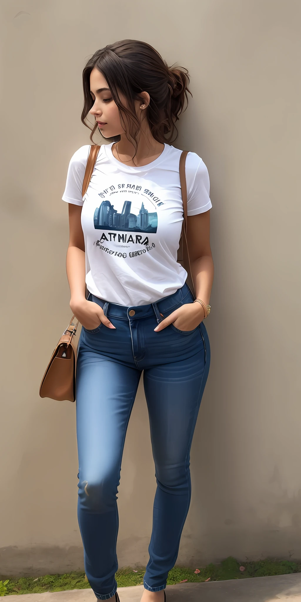 obra-prima, altamente detalhado, foto realista, 1girl, hair messy, corpo perfeito, T-shirt branca e jeans azul, Parking scenario
