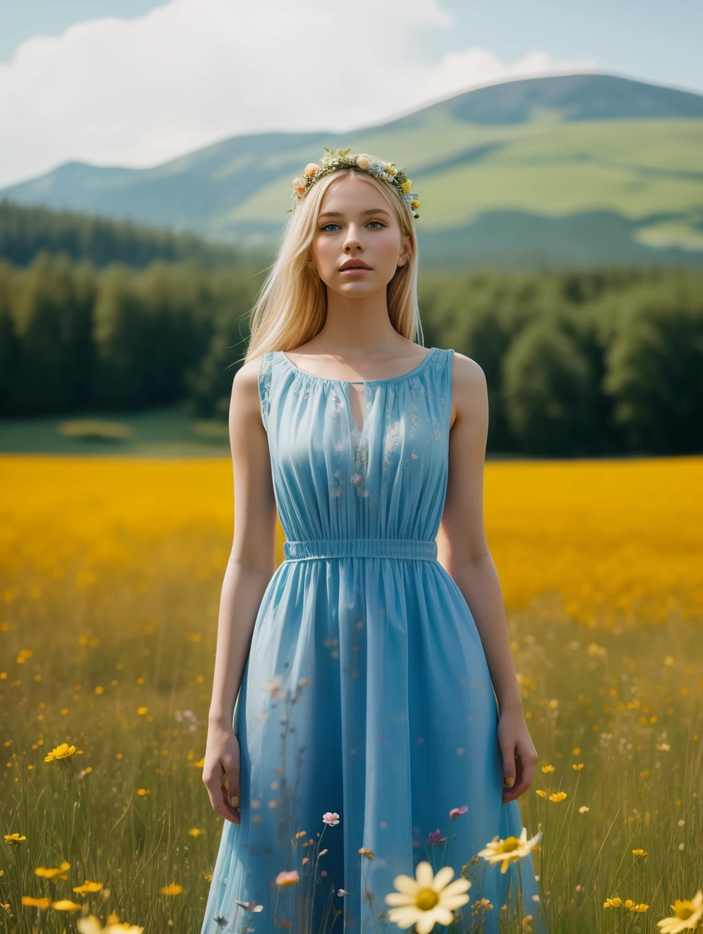 An insanely beautiful blonde young woman, is standing with flowers explosion in the background, in the style of midsommar, fanciful, natural landscape , dreamlike imagery, captivating documentary photos, flowing fabrics, disintegrated, intricate