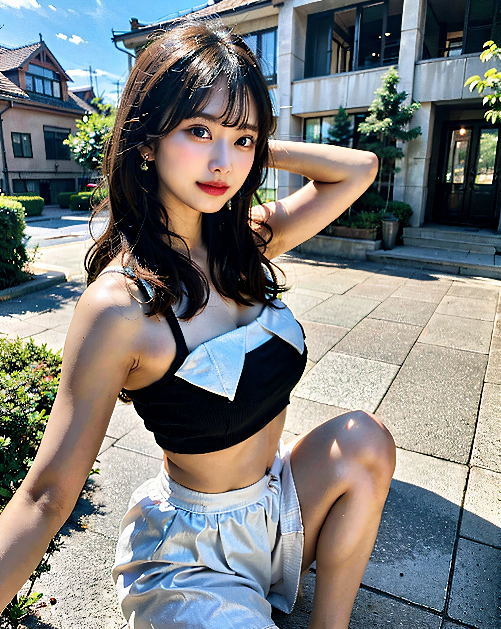 nsfw、top-quality、Hi-Res、8K、Girl 1 Mature Mature Mature Woman Person、during the day、、A dark-haired、short-cut、with light glowing、outside of house、Luxury、(Medium Hair)、Beautiful detail sky、Beautiful earrings、Soft breeze、shinny skin、line of sight、Bust、「Girls Squats。Toned abs。Spread your legs in an M shape,、Raise your hand(So much so that you can see your armpits.。Wearing black pajamas。The background is a house。Focus on」Every detail of the image、The use of dynamic angles is、Shows the elegance and romanticism of the image. This character has big breasts、With no pan、It has the shape of a camel toe。」、Show viewers white panties、micro skirt