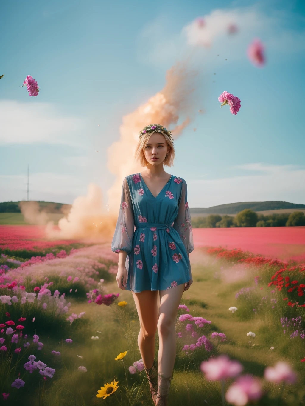 An insanely beautiful blonde young woman, is standing with flowers explosion in the background, in the style of midsommar, fanciful, natural landscape , dreamlike imagery, captivating documentary photos, flowing fabrics, disintegrated, intricate