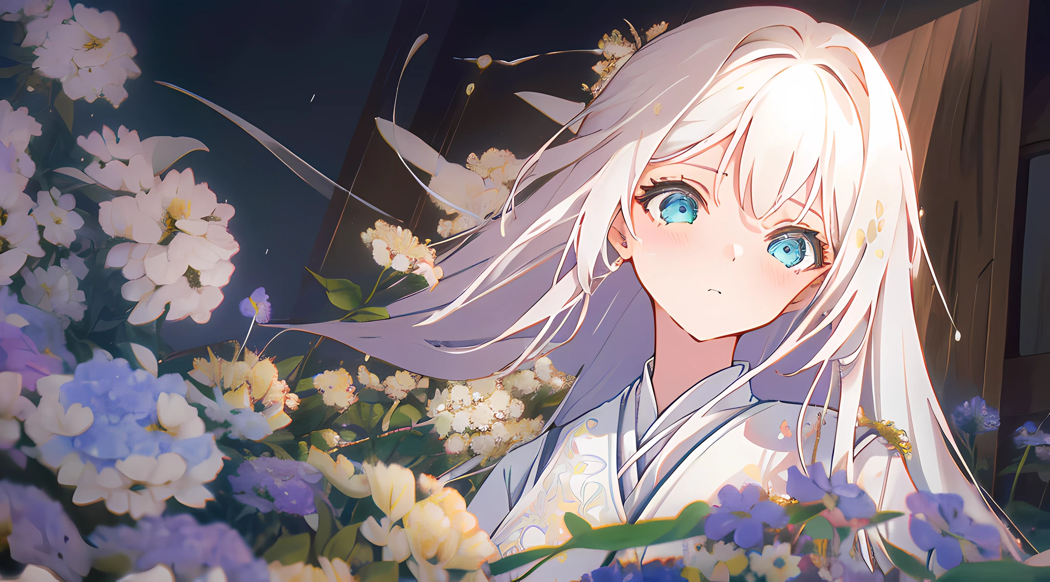 （A high resolution，ultra - detailed），1girll，long whitr hair，bluntbangs，Fine eyes and detailed face，Extremely detailed Cg Unity 8K wallpaper，intricately details，Vibrant colors, Expressive body language，Rainy days，Solitude，Desolation，独奏，florals，soggy，Light，Rain drops，damp hair，Damp clothes，teardrop，校服，exteriors，trpical garden，