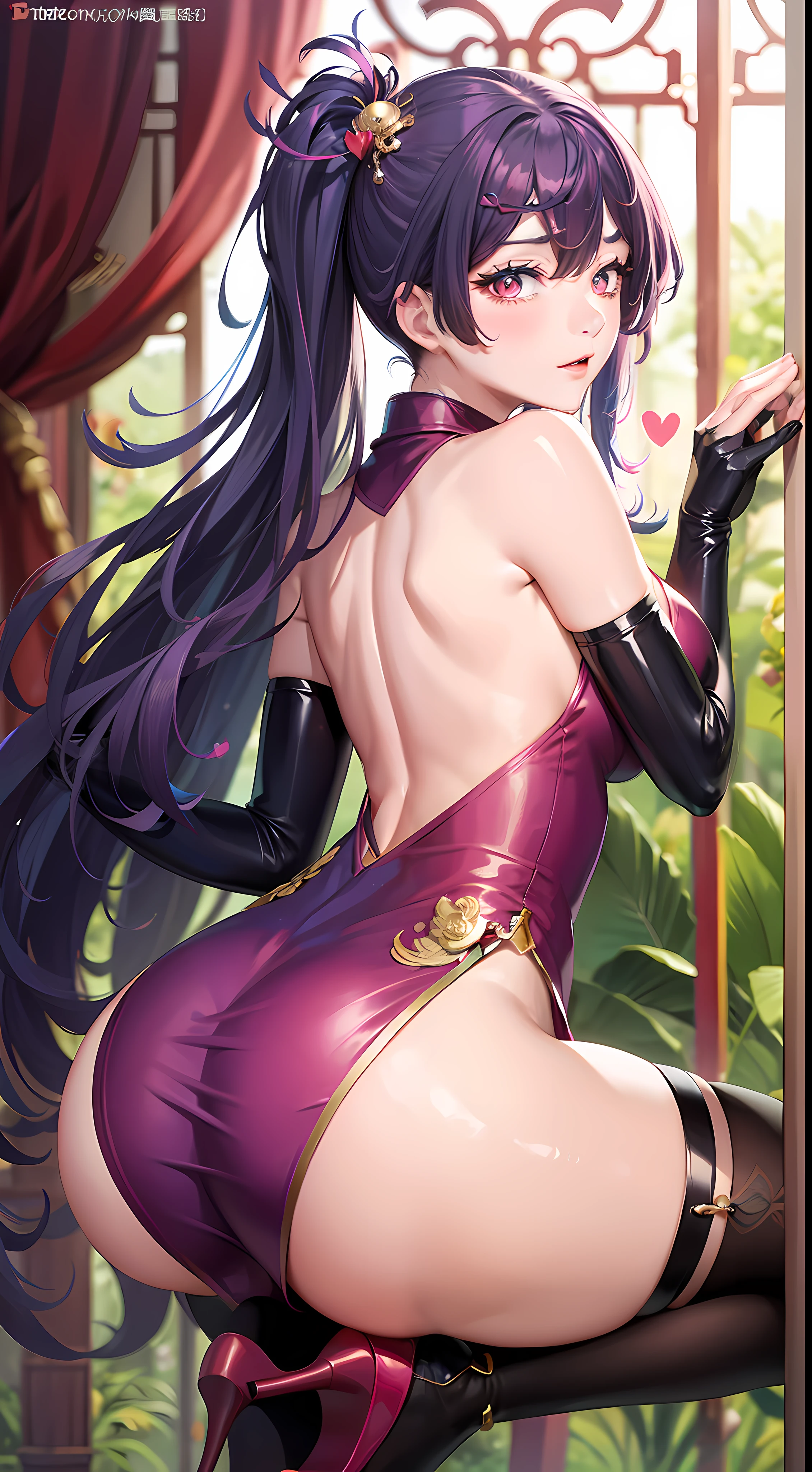 Large breasts, Blue hair, double tails, upper legs, white thighhighs, Pink clothes, Long legs, No bra, High heel, Pink eyes, Heart eyes, heart shaped breasts, Bare_hindquarters, bangs, areola of breast, Elbow gloves, Chinese dress, Fat ass, hair tying, wears_navel, Looking_at_peeping at the viewer, Arms_Behind_Head, Blush, latex, Sleeveless_dress, Tights, Long hair, cosplay,Fantastic，The back of the hand is behind the back，Hands up behind your head，Broad lighting，Glossy Clothes,Chinese-style architecture，China-style，gazebo，Lace，laughingly，Quaint，Tight cheongsam，Flowing cheongsam，Sit，Chinese style cheongsam，on cheongsam，Gold ornaments，