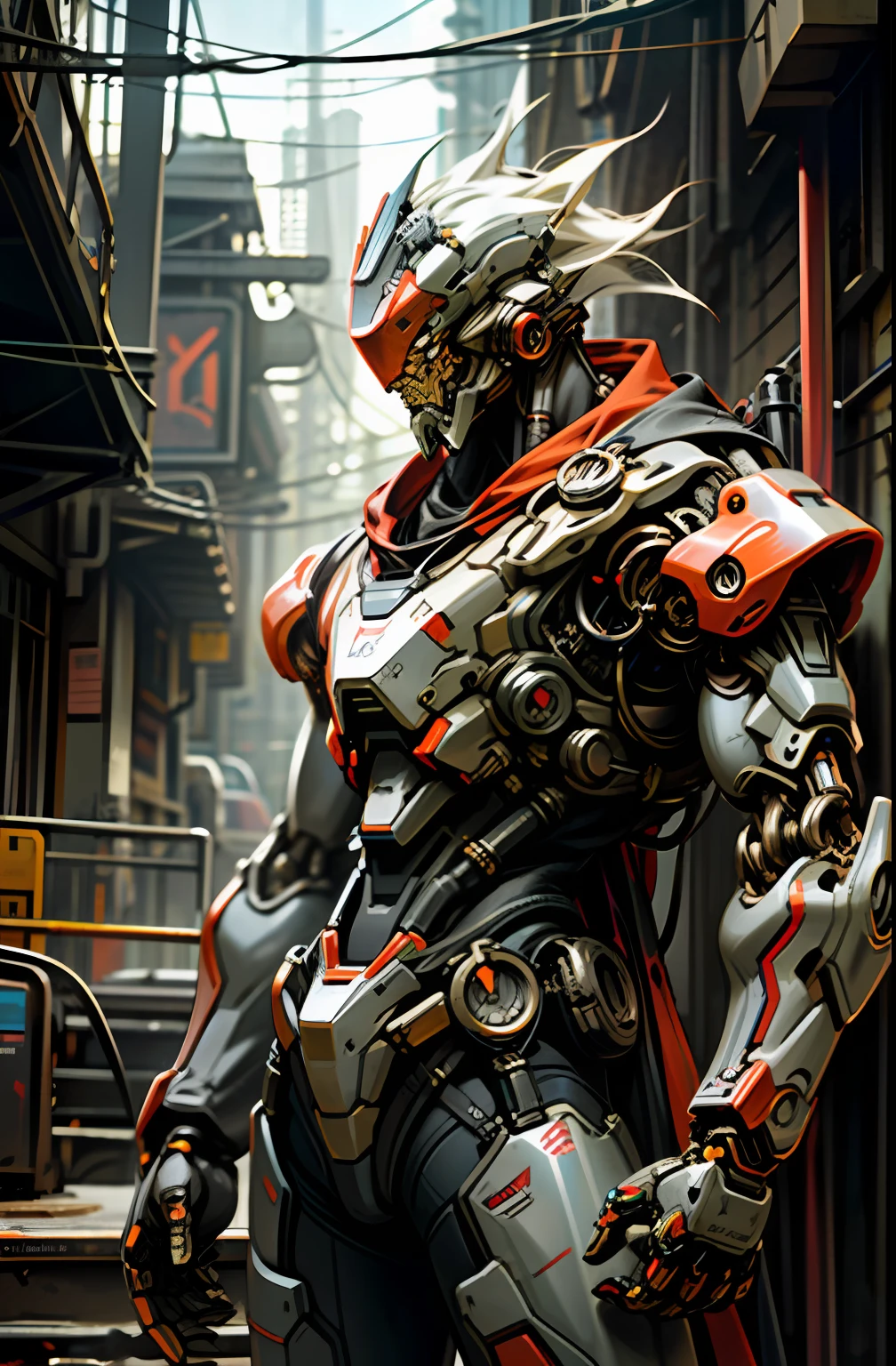 Dark_Fantasy,Cyberpunk,(chain saw,chain saw man,Red:1.1),1man,Mechanical marvel,Robotic presence,Cybernetic guardian, wearing a worn-out mech suit, intricate, (steel metal [rusty]), elegant, clear focus, shot by greg rutkowski, soft lighting, vibrant colors, masterpiece, ((street)), cowboy shot, dynamic pose,