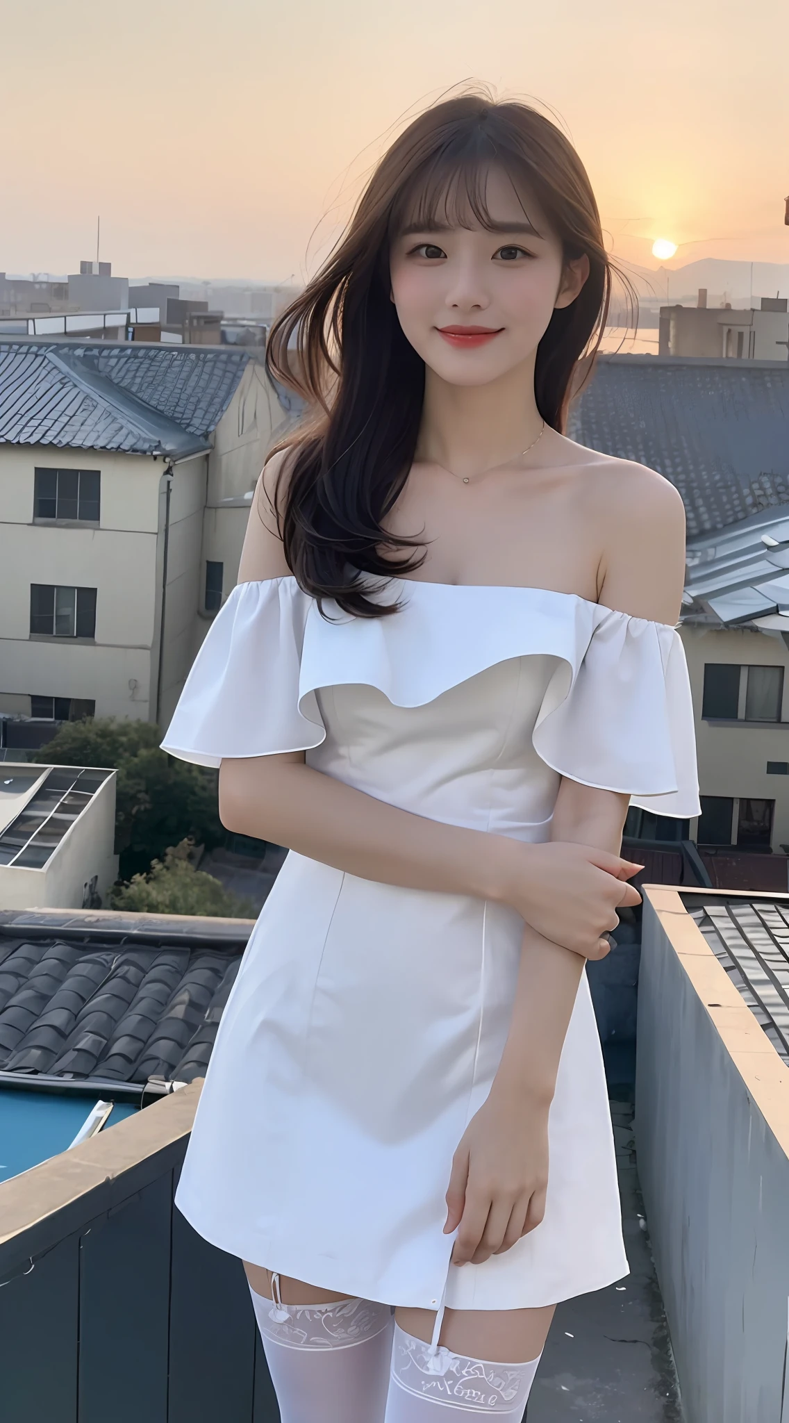 (1 Korean star with royal sister style), ((Best quality, 8K, Masterpiece: 1.3)), focal point: 1.2, Perfect body proportions: 1.4, (Make a smile), (Sunset: 1.3), Watery eyes, Highly Detailed Face and Skin Textur, Fine eyes, Double eyelids, Whitens the skin, (long whitr hair, Air bangs: 1.3), (Round face inches: 1.5), (off the shoulder dress: 1.4), (Standing on the roof: 1.6),(white stockings: 1.4),(film grain style:1.3),a sense of atmosphere