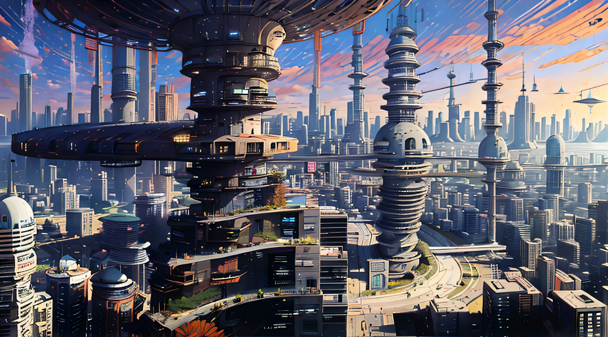 PANORAMIC scenery, drone view, ELITE PROFESSIONAL ARCHITECTURAL RENDERING, PROJECT PRESENTATION, TRENDY CYBER HIGH-RISE BUILDING, 120-STOREY SUPER-STRUCTURE, CYBER DESIGN, ZAHA HADID SYTLE , LOCATE AT CENTER OF TOKYO, TOKYO SKYTREE TOWER AT BACKGROUND, well WEATHER, SUNNY DAY, sky, clouds