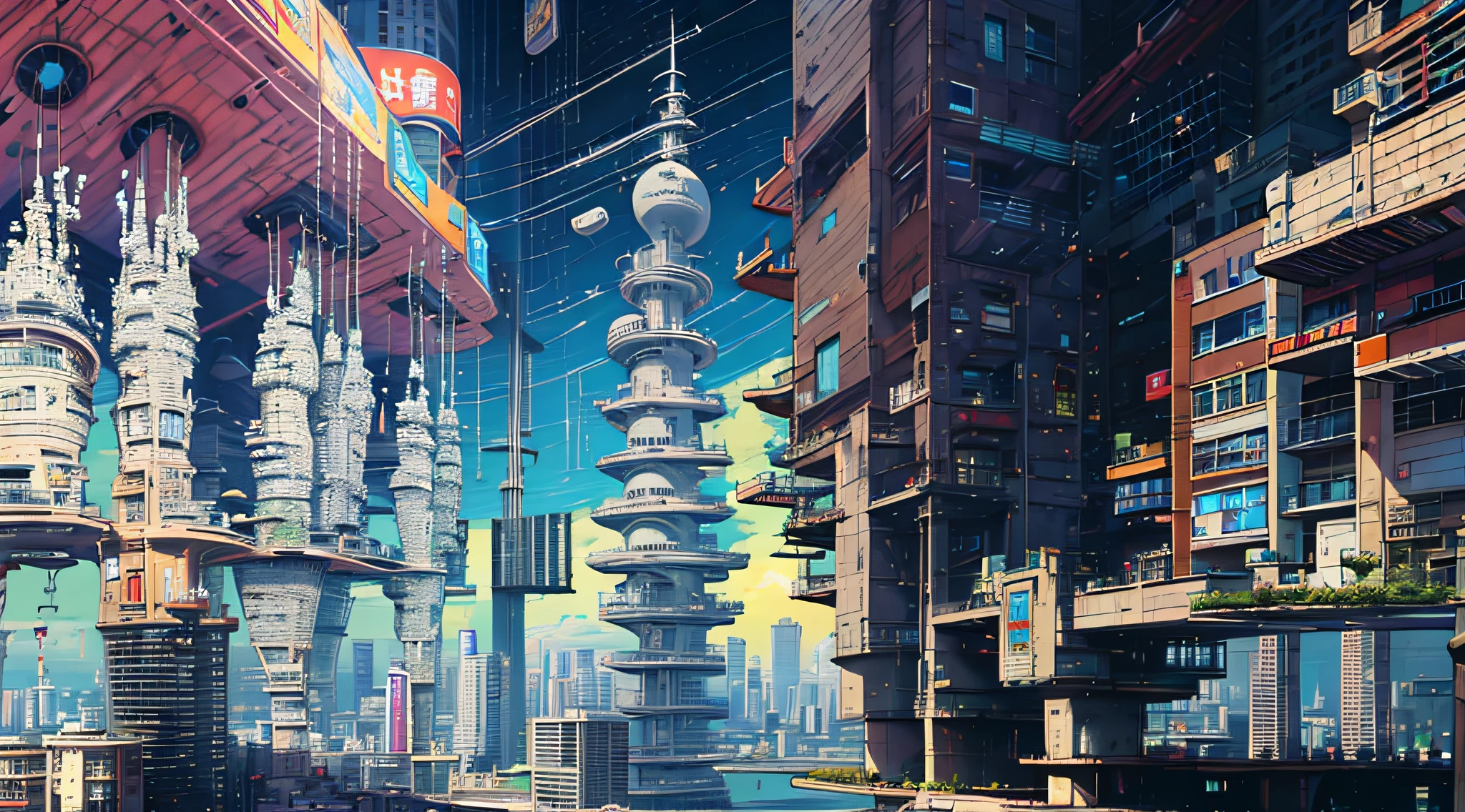 PANORAMIC scenery, drone view, ELITE PROFESSIONAL ARCHITECTURAL RENDERING, PROJECT PRESENTATION, TRENDY CYBER HIGH-RISE BUILDING, 120-STOREY SUPER-STRUCTURE, CYBER DESIGN, ZAHA HADID SYTLE , LOCATE AT CENTER OF TOKYO, TOKYO SKYTREE TOWER AT BACKGROUND, well WEATHER, SUNNY DAY, sky, clouds