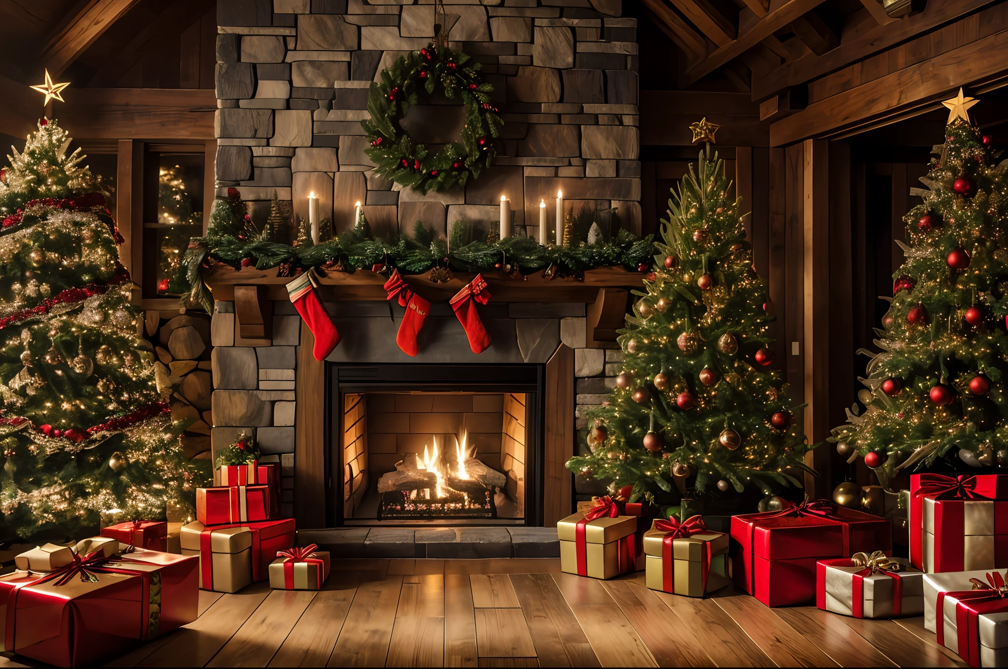 masterpiece, first-person view, interior of a room, (a fireplace with Christmas decorations), a Christmas tree on the left side with gifts at its base, rustic stone wall, wooden floor, Raw photo, hyper-realistic, maximum details intricate details,