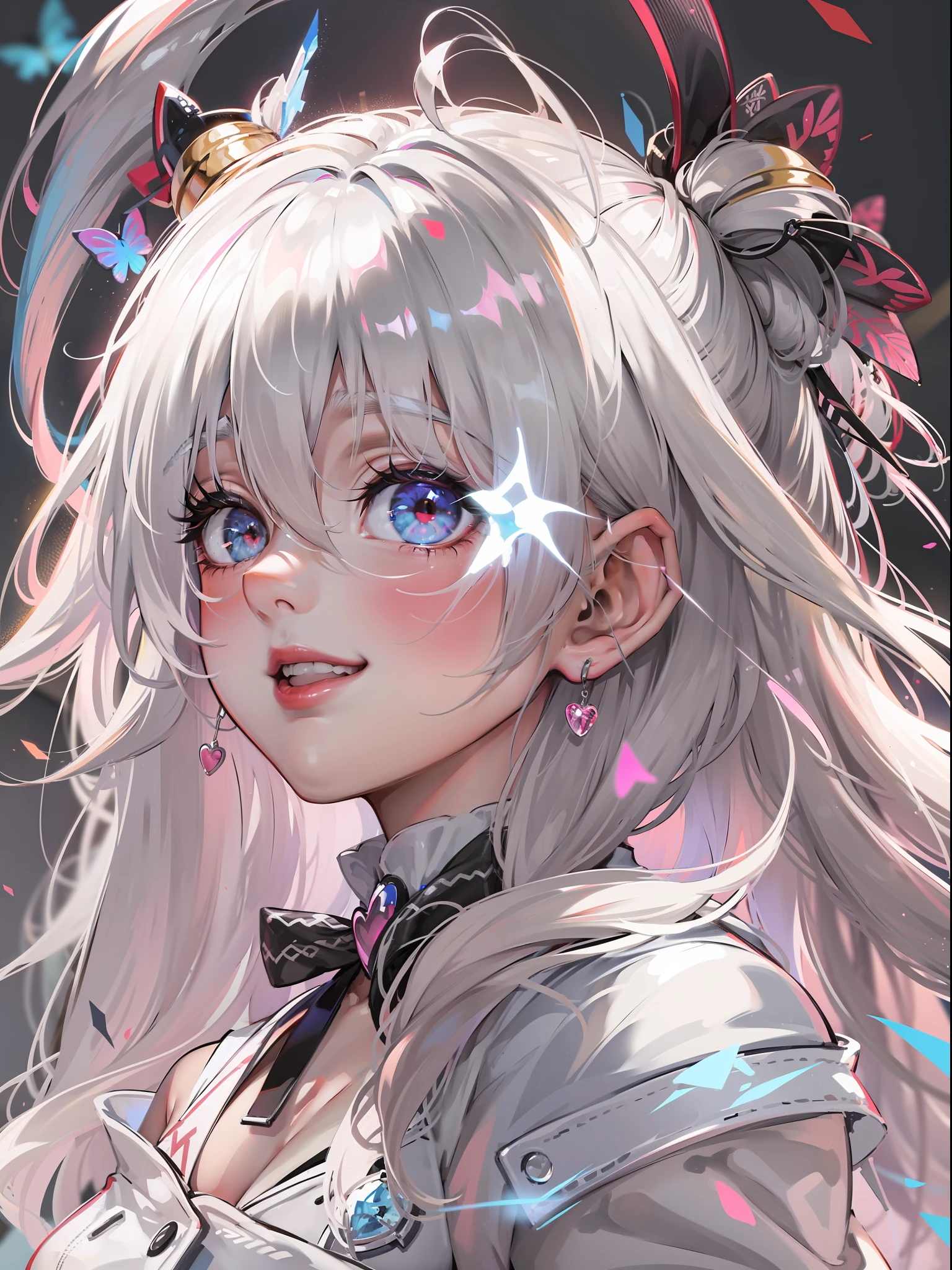 Striped hair, White hair, Long hair, double tails, heart ahoge, bell, ribbon, blindfolds, Gradient eyes, long eyelasher, Diamond-shaped pupils, Crystal earrings, Light smile, verbal invitation, Anime, Cinematic lighting, Depth of field, god light, Ray tracing, From the side Side, hyper HD, Masterpiece, ccurate, Textured skin, Super detail, High details, Award-Awarded, A high resolution, 8K, 4K