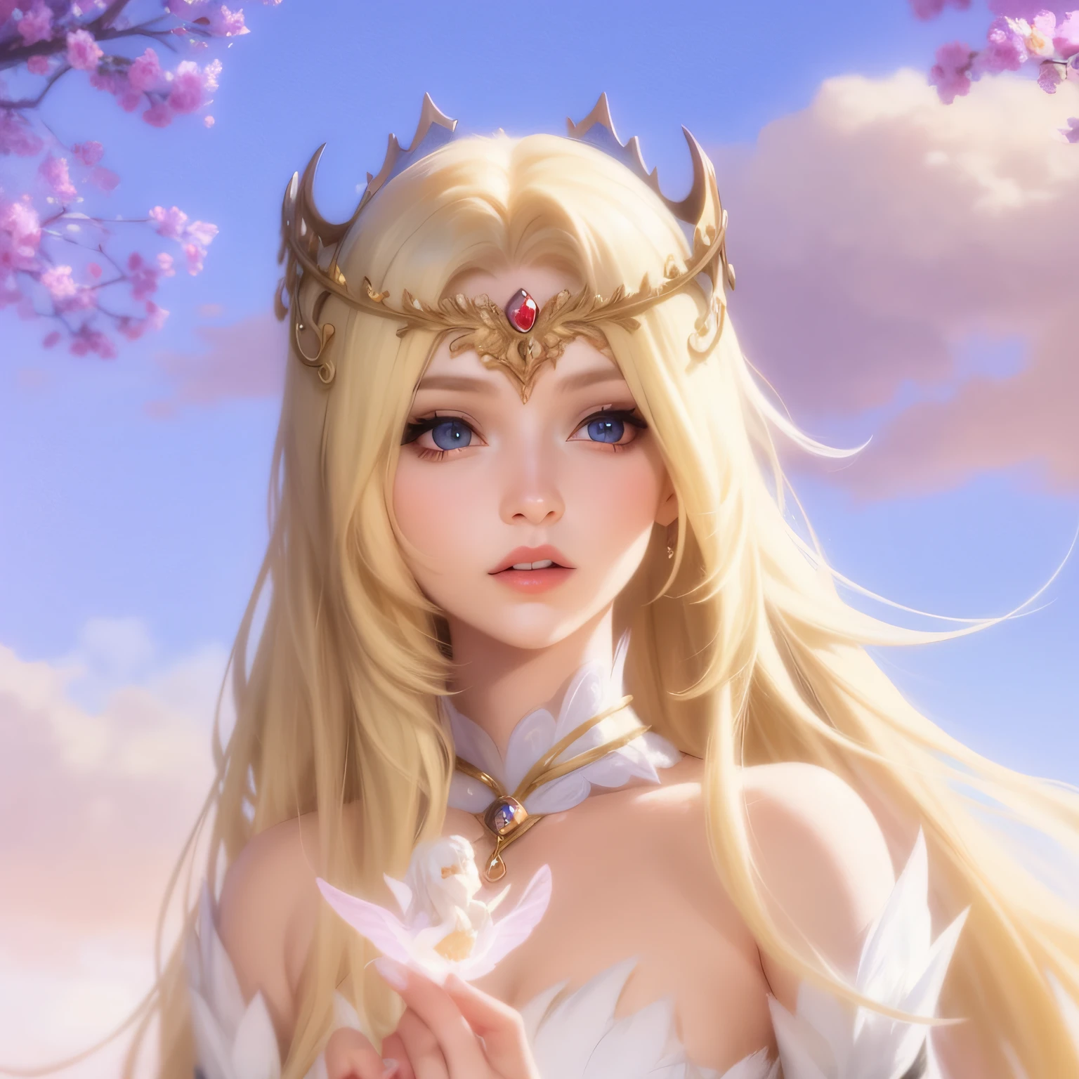 anime girl with long blonde hair and a crown on her head, Anime goddess, Portrait Chevaliers du Zodiaque Fille, beautiful and elegant elf queen, a beautiful fantasy empress, ((a beautiful fantasy empress)), Blonde anime girl with long hair, beautiful fantasy anime, portrait of an elf queen, alluring elf princess knight, Fantasy art style, blond-haired princess