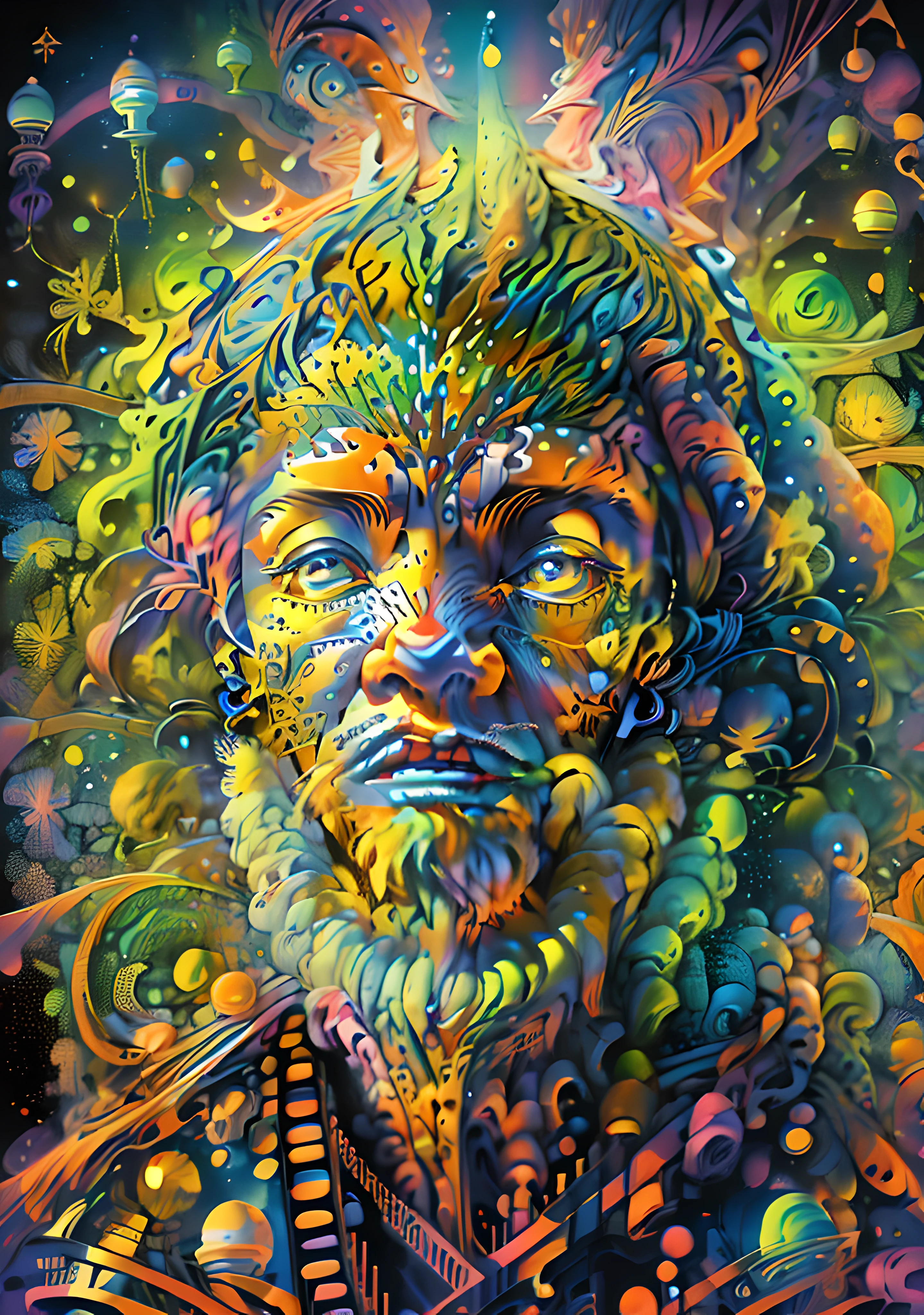 (High resolution, incredibly detailed, masterpiece), portrait of alexander shulgin, featuring fractal geometry in (vibrant colors:0.8), set against a (galactic background:1.2), bringing together complex, mesmerizing shapes and patterns,dmt ,fractal art,holy light.