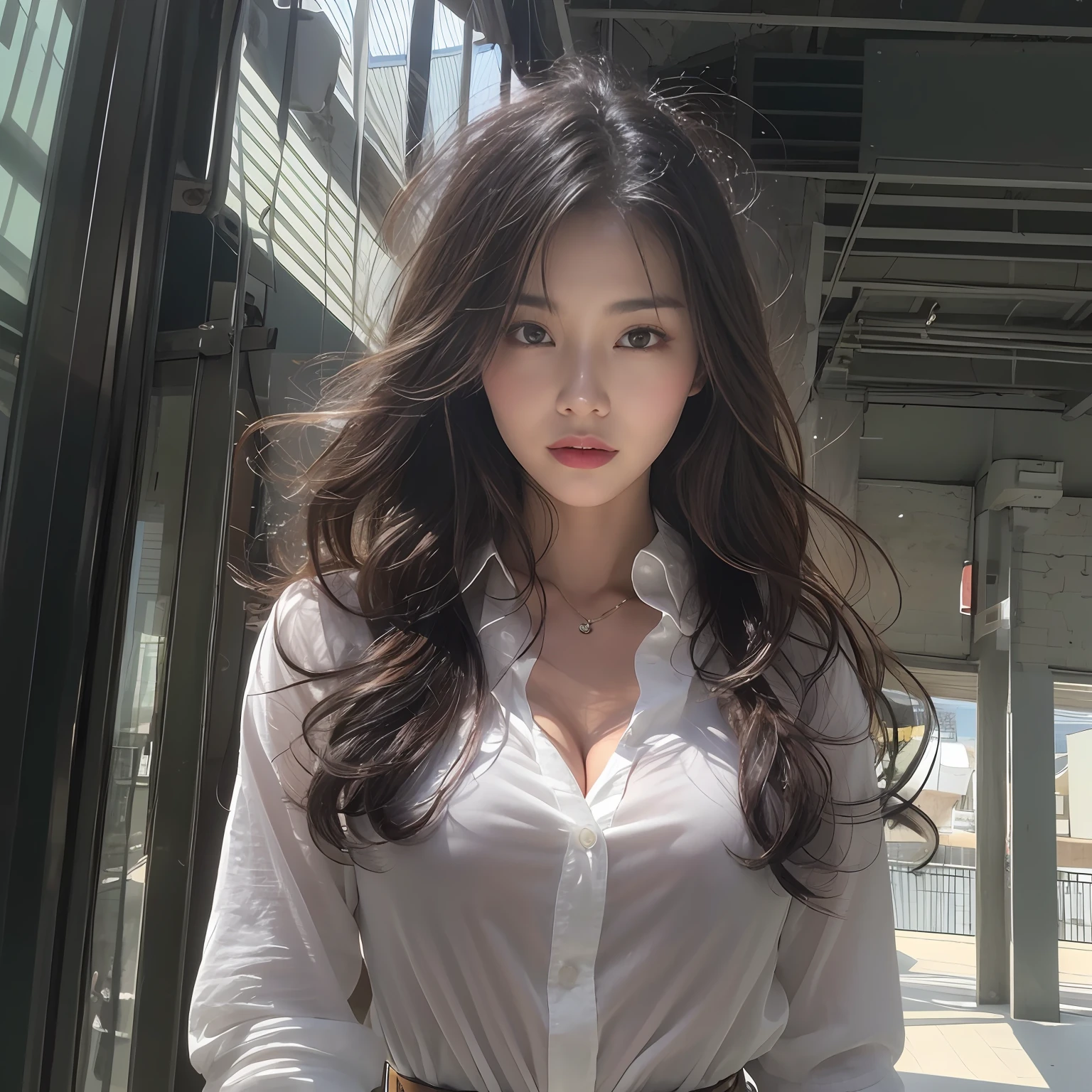 (top-quality、hight resolution、​masterpiece:1.3)、Tall and cute woman、Slender Abs、Dark brown hair styled in loose waves、breastsout、Wearing a pendant、White button-up shirt、a belt、Black leather tight skirt、(Modern architecture in background)、Details exquisitely rendered in the face and skin texture、A detailed eye、二重まぶた