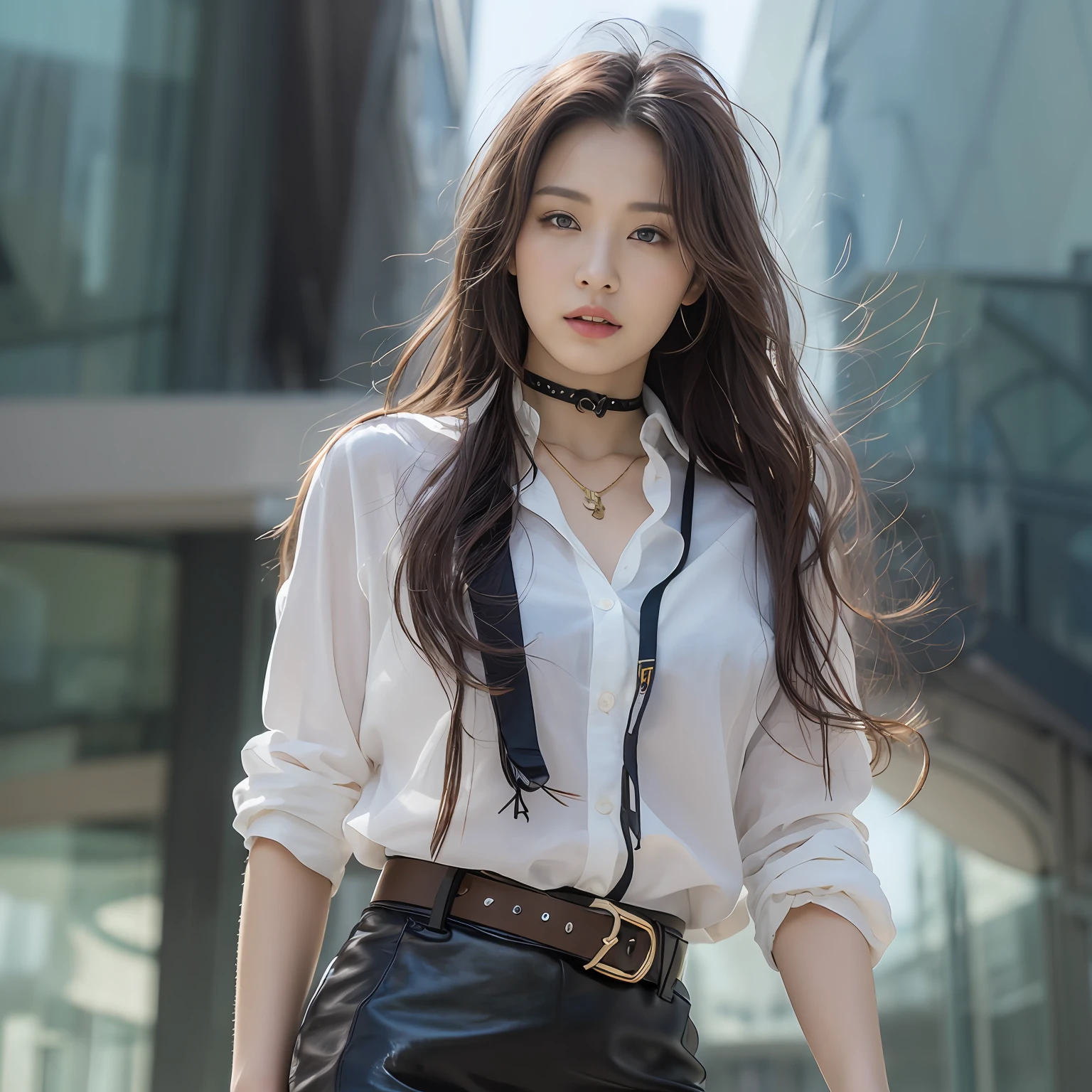(top-quality、hight resolution、​masterpiece:1.3)、Tall and cute woman、Slender Abs、Dark brown hair styled in loose waves、breastsout、Wearing a pendant、White button-up shirt、a belt、Black leather tight skirt、(Modern architecture in background)、Details exquisitely rendered in the face and skin texture、A detailed eye、二重まぶた