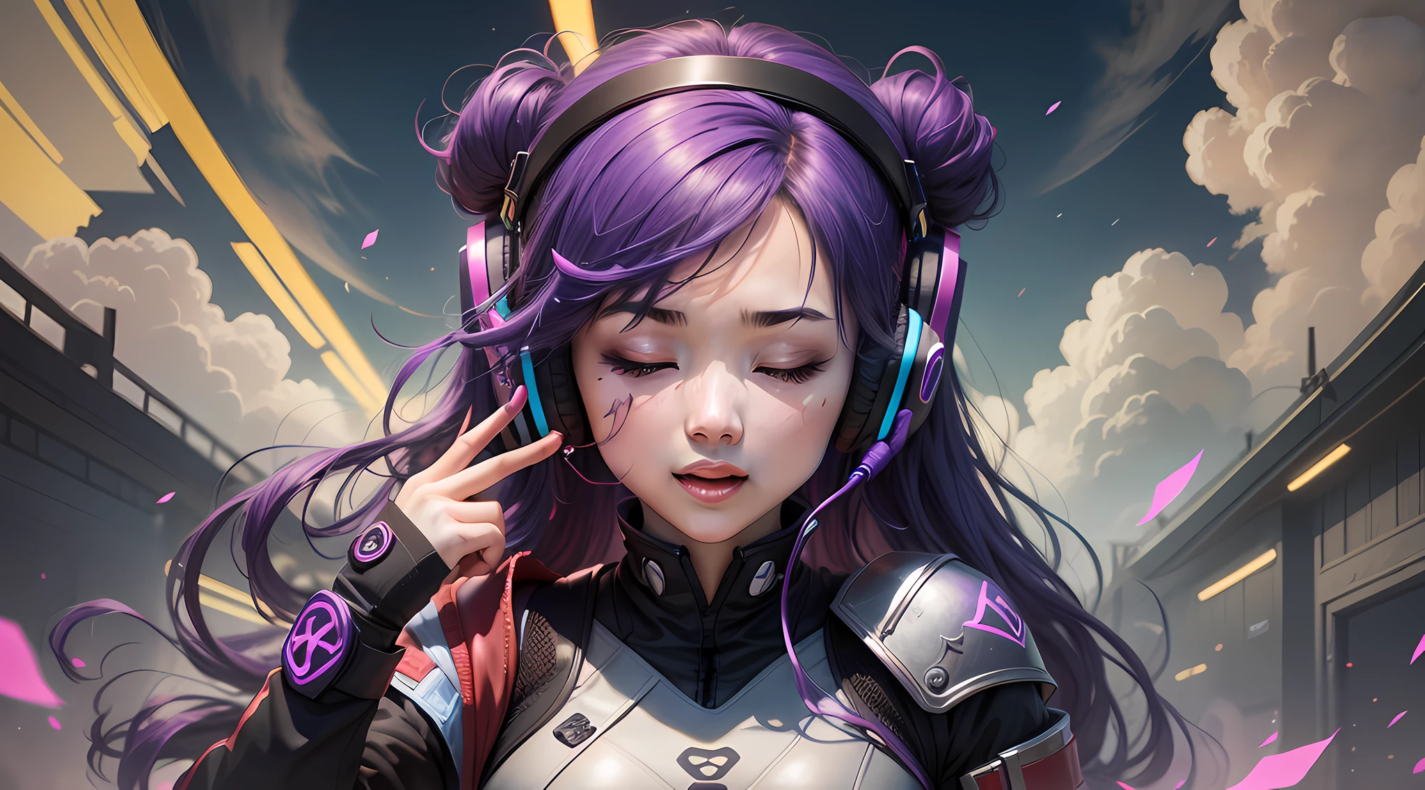 Ninja woman with peace headset, closing her eyes, beautiful face, Core RGB, Bright purple hair, colorful anime, Bright background, Banner for Youku video, happy girls, clouds with RGB colors, Bright RGB colors, completo, Immortals, gaming girl.