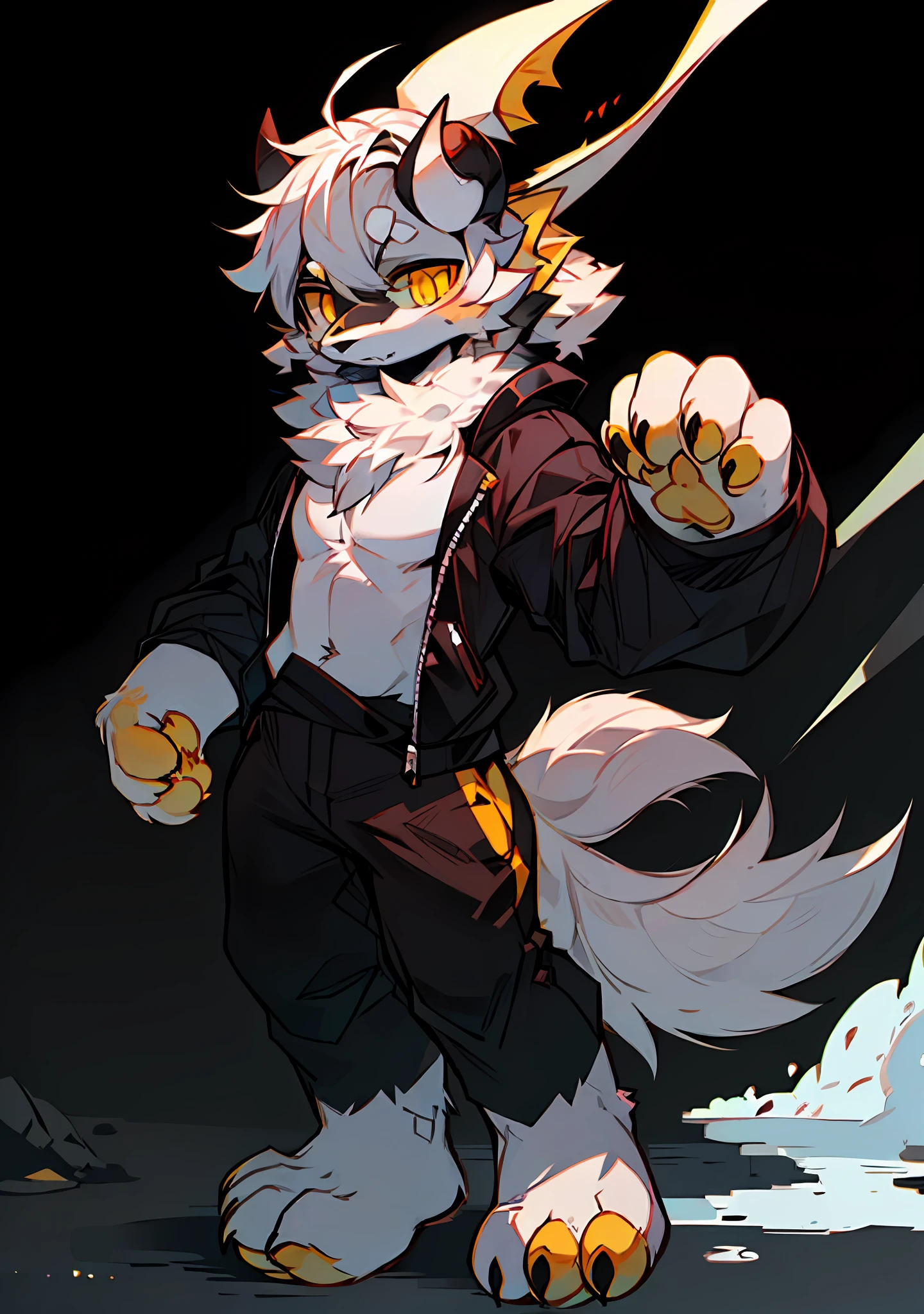 shaggy, shaggy male, ,(Full Body Furry, Fish tail, Black and white fur, Yellow eyes, Yellow paws,White horns,Killer whale appearance,with short white hair),