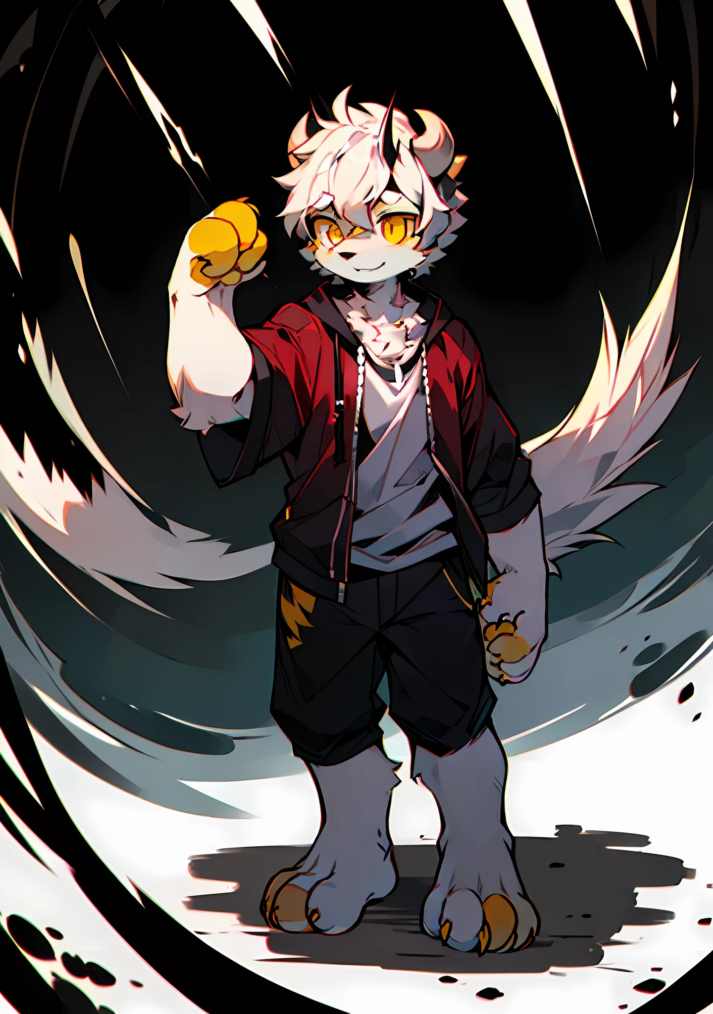shaggy, shaggy male, ,(Full Body Furry, Fish tail, Black and white fur, Yellow eyes, Yellow paws,White horns,Killer whale appearance,with short white hair),