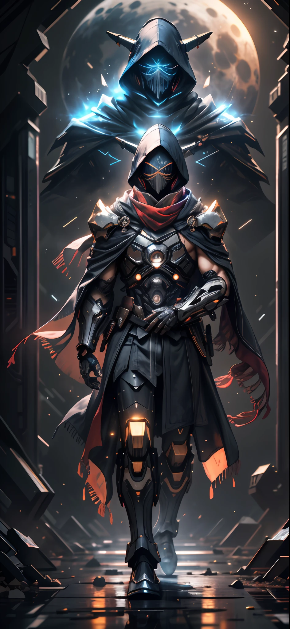 realistic,shiny,reflective,bioluminic, galactic cybernetic mask,mecha,(assassin:1.2),((((scarf,long cloak)))),sh4g0d,GlowingRunes_red,fullbody,cinemnatic,dark background,starry,big moon,backlight,high contrast,