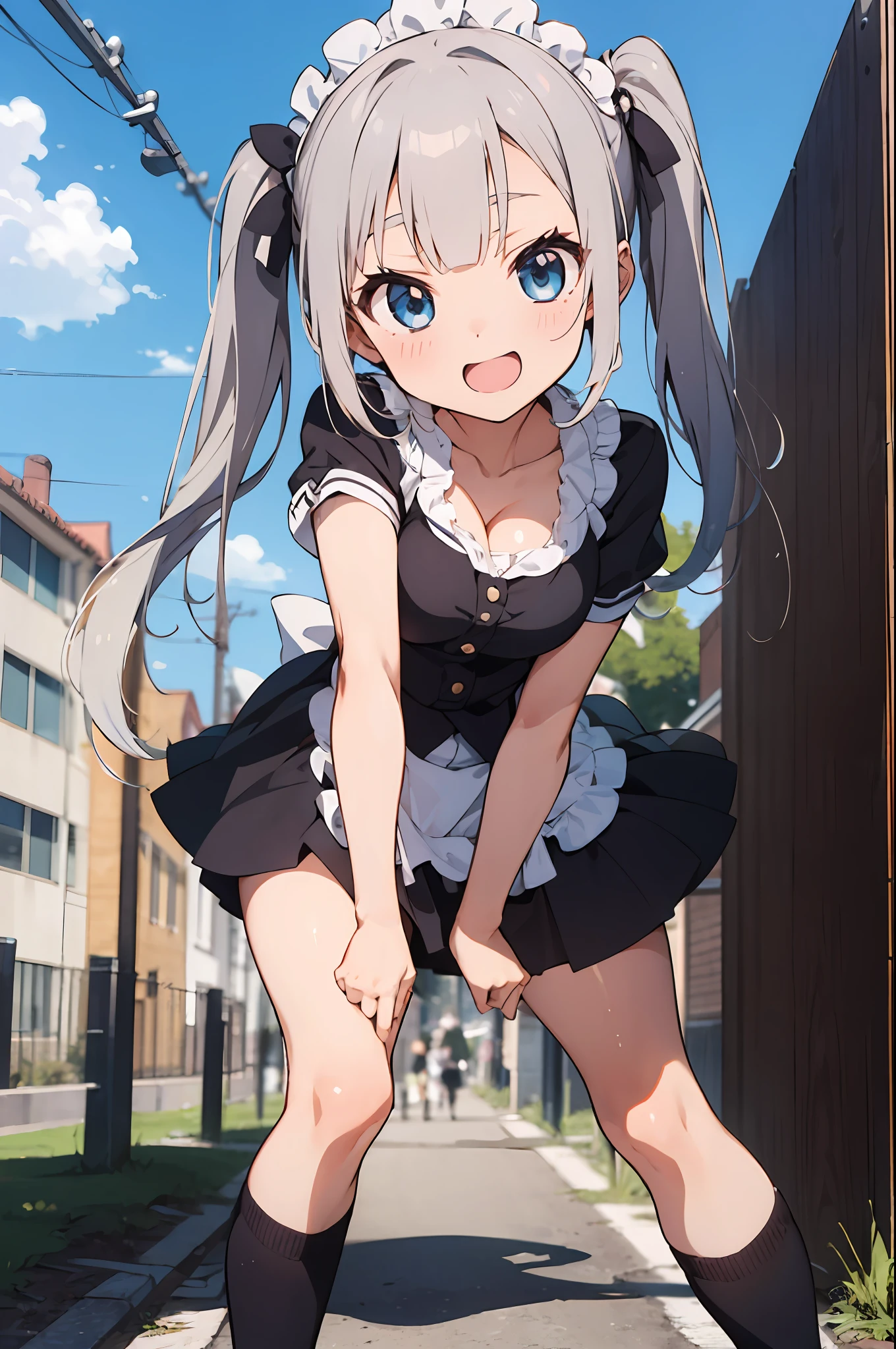 masterpiece, best quality, ultra-detailed,(loli),sel anime, ,anime moe art style,animated style illustration, (beautiful eyes), ((cute)), cute, (lovely),, , shiny skin, ,ultra high res, 
1 girl,full body,,smile,maid,,short sleeves,miniskirt,outdoor,cleavage of the breast,thigh,white panties,,blunt bangs,zettai ryouiki,dynamic pose,twintail,silver hair,small tits,20yersold