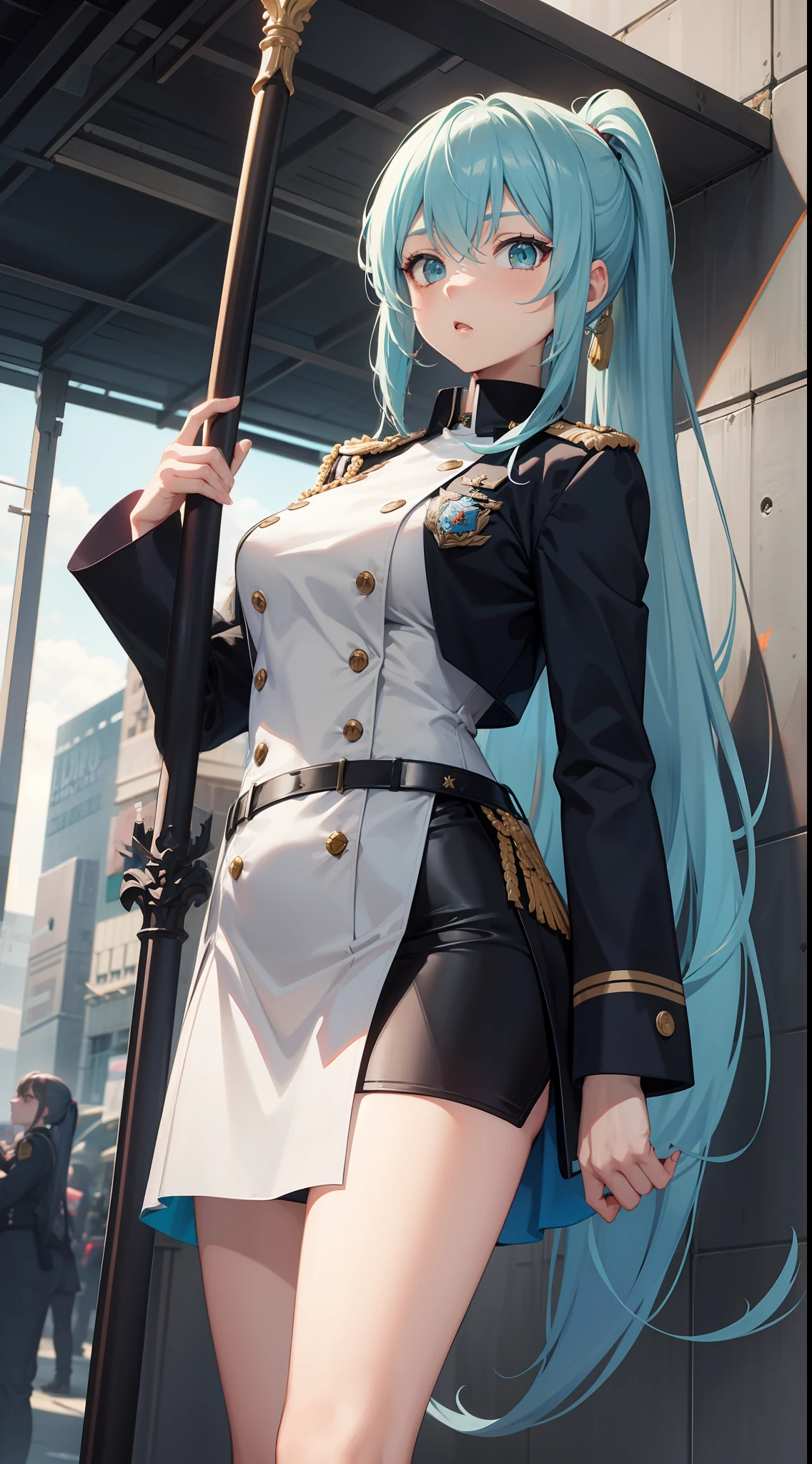 Tall girl, Long white hair, high ponytail, Cyan eyes, Officer's uniform, spear, anger, Masterpiece, hiquality