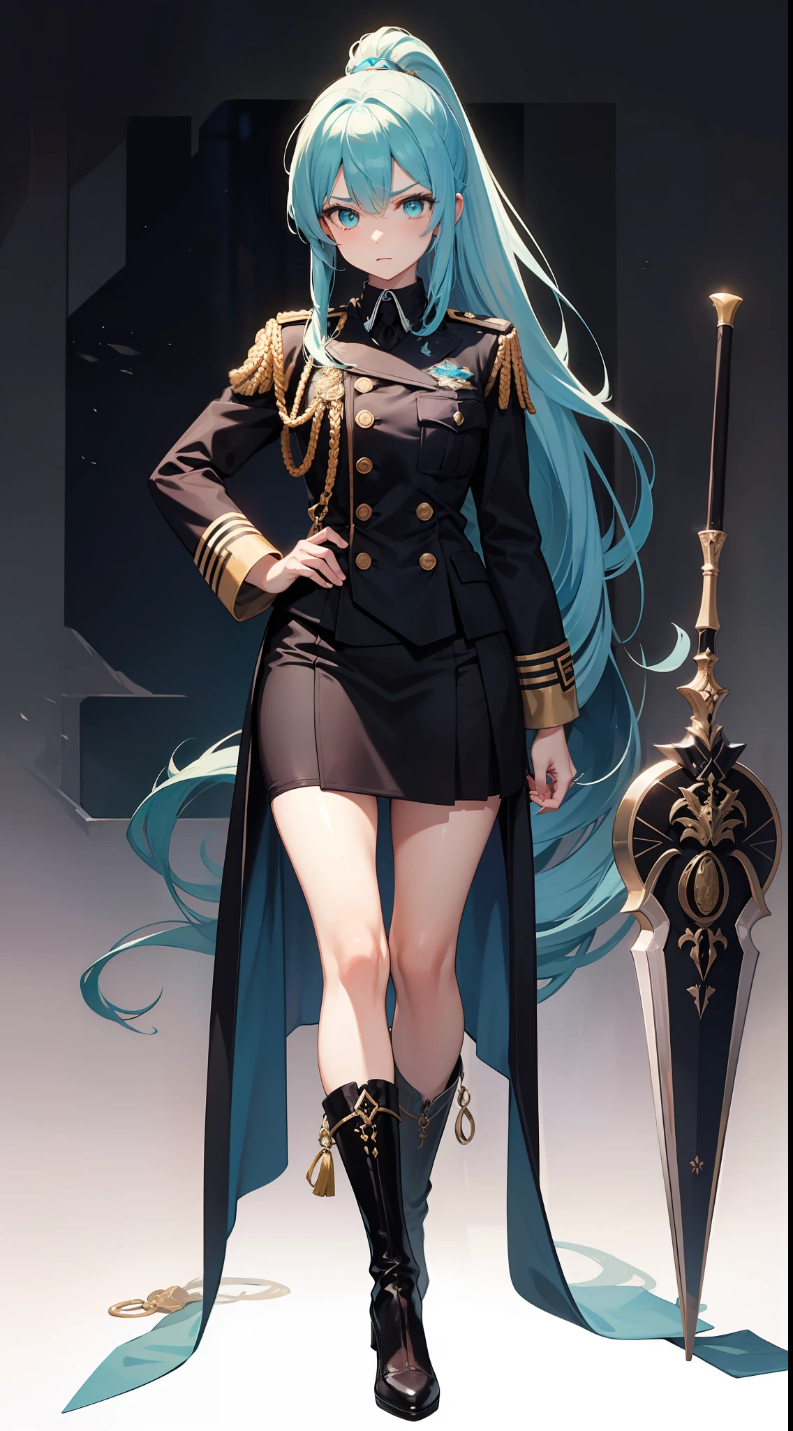 Tall girl, Long white hair, high ponytail, Cyan eyes, Officer's uniform, spear, anger, Masterpiece, hiquality