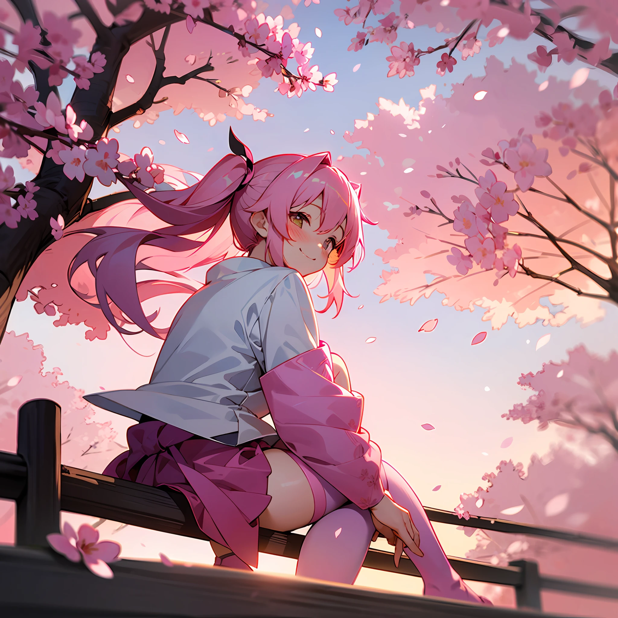 sakuramiku, Upper body, Smile, Blush, Sitting, From behind, ((Cherry blossoms)), Sit on a tree, ((pink sleeve)), full body, Pink tone, ((Pink stockings)), Pink sky, looks away, Sunset, --auto