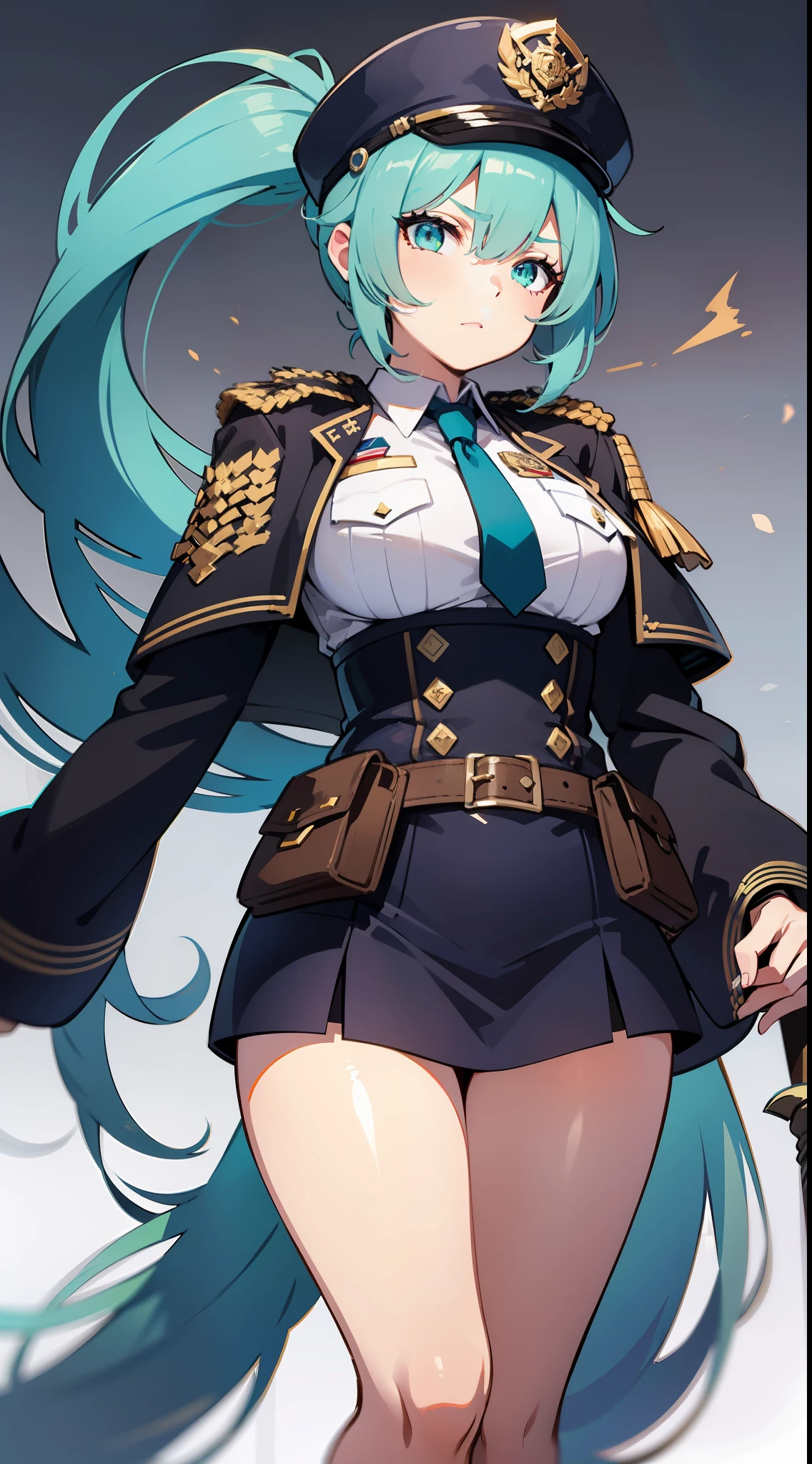 Tall girl, Long white hair, high ponytail, Cyan eyes, Officer's uniform, spear, anger, Masterpiece, hiquality