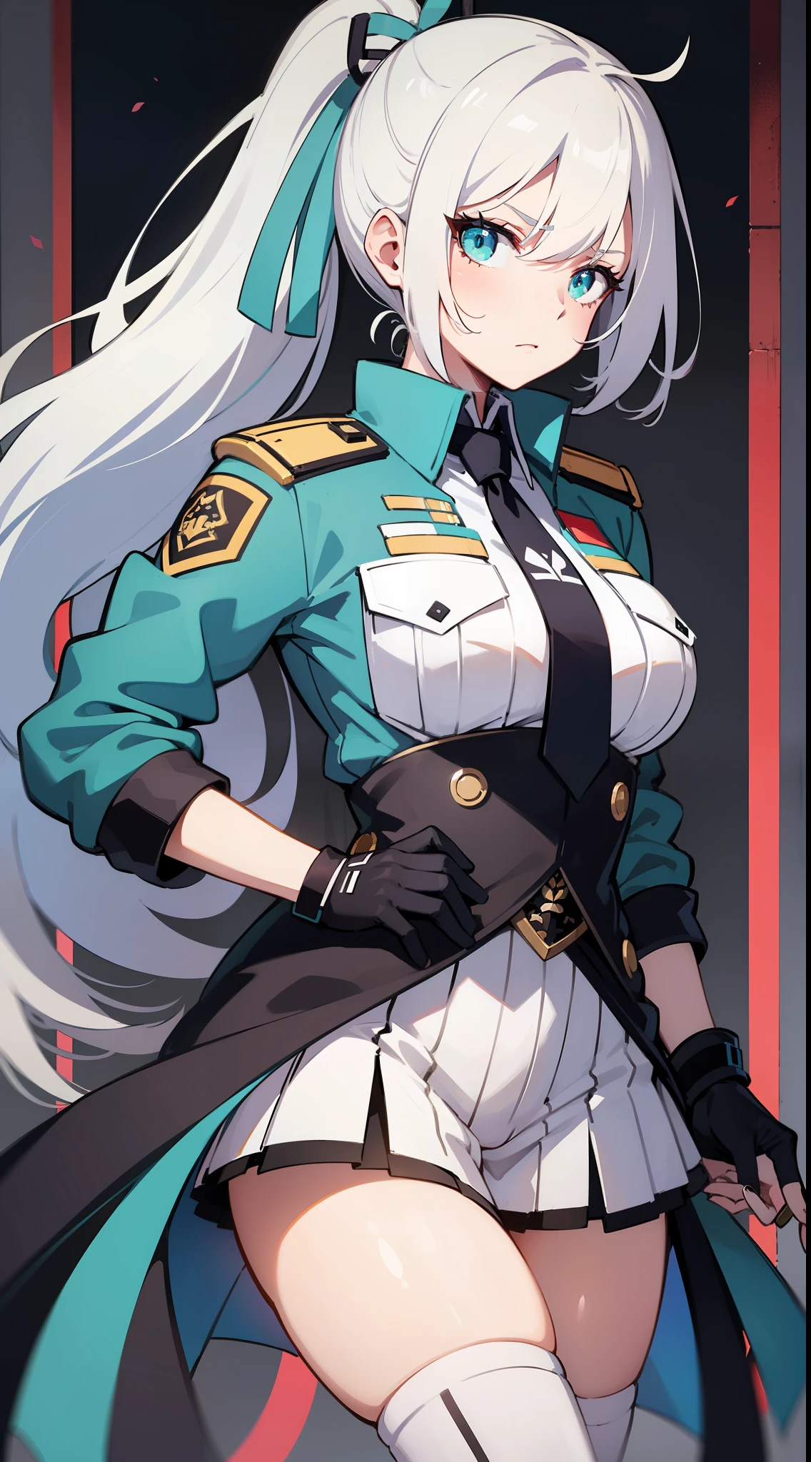 Tall girl, Long white hair, high ponytail, Cyan eyes, Officer's uniform, spear, anger, Masterpiece, hiquality