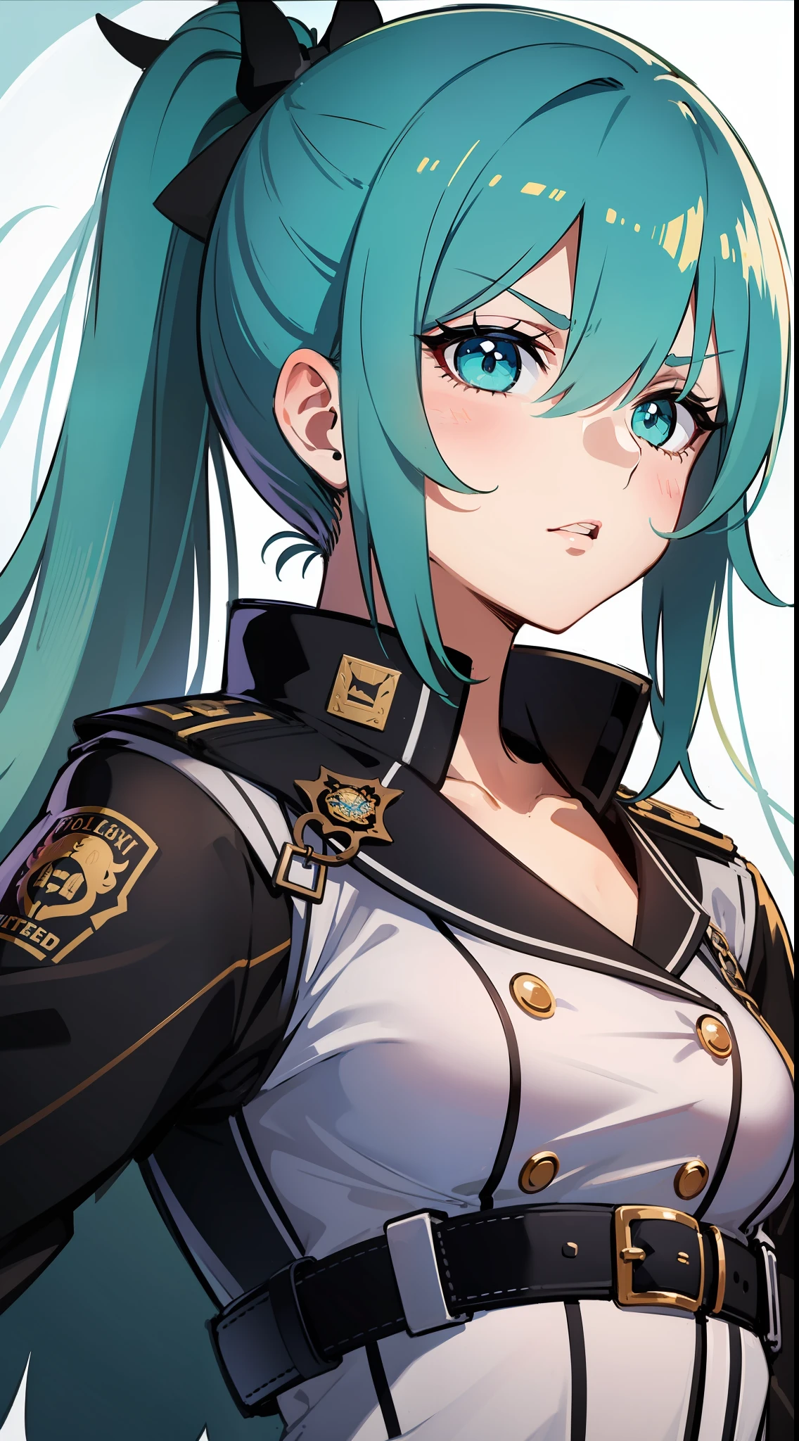 Tall girl, Long white hair, high ponytail, Cyan eyes, Officer's uniform, spear, anger, Masterpiece, hiquality