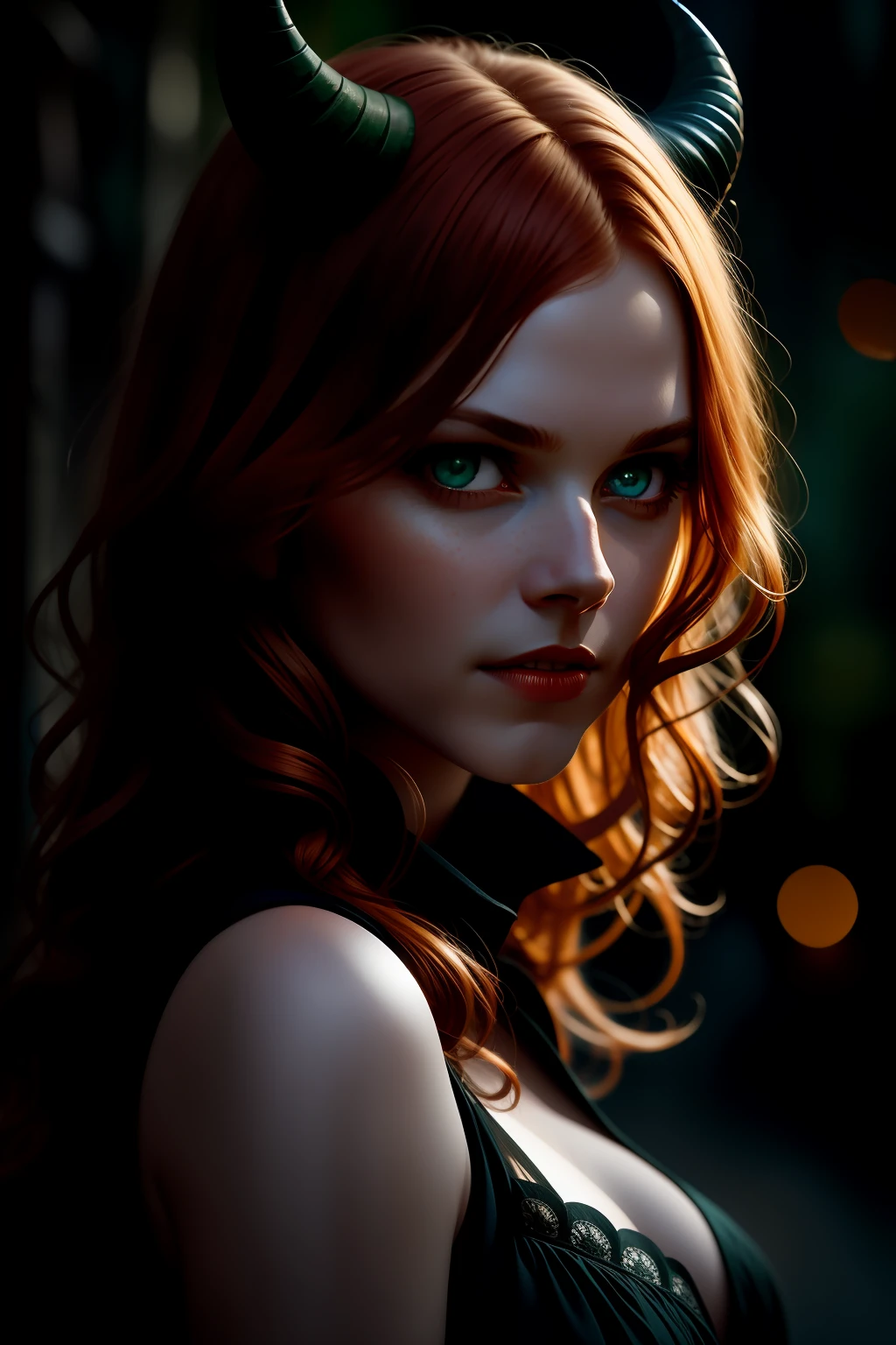 award winning character concept art of, a cute demon girl, green eyes, ginger hair, blurry_background,  black horns, natural lighting, lips, looking_at_viewer, solo, from side, highly detailed 8k character concept portrait studio lighting by Annie Leibovitz and Steve McCurry octane render trending on artstation made in Maya 4K high quality digital painting dramatic lighting ,