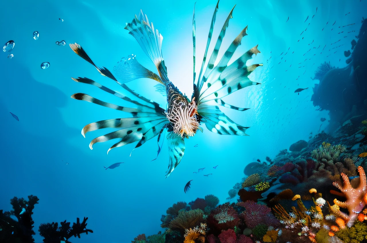 A close-up of a lionfish swimming in the ocean, lionfish, Criaturas marinas tropicales, exotic fish, por Emanuel Witz, Vista desde abajo, Amazing beauty, por Juergen von Huendeberg, por Robert Jacobsen, hermoso aspecto, vivid colors!, por Dietmar Damerau, Mar Rojo, por Gwen Barnard, feroz - mirando