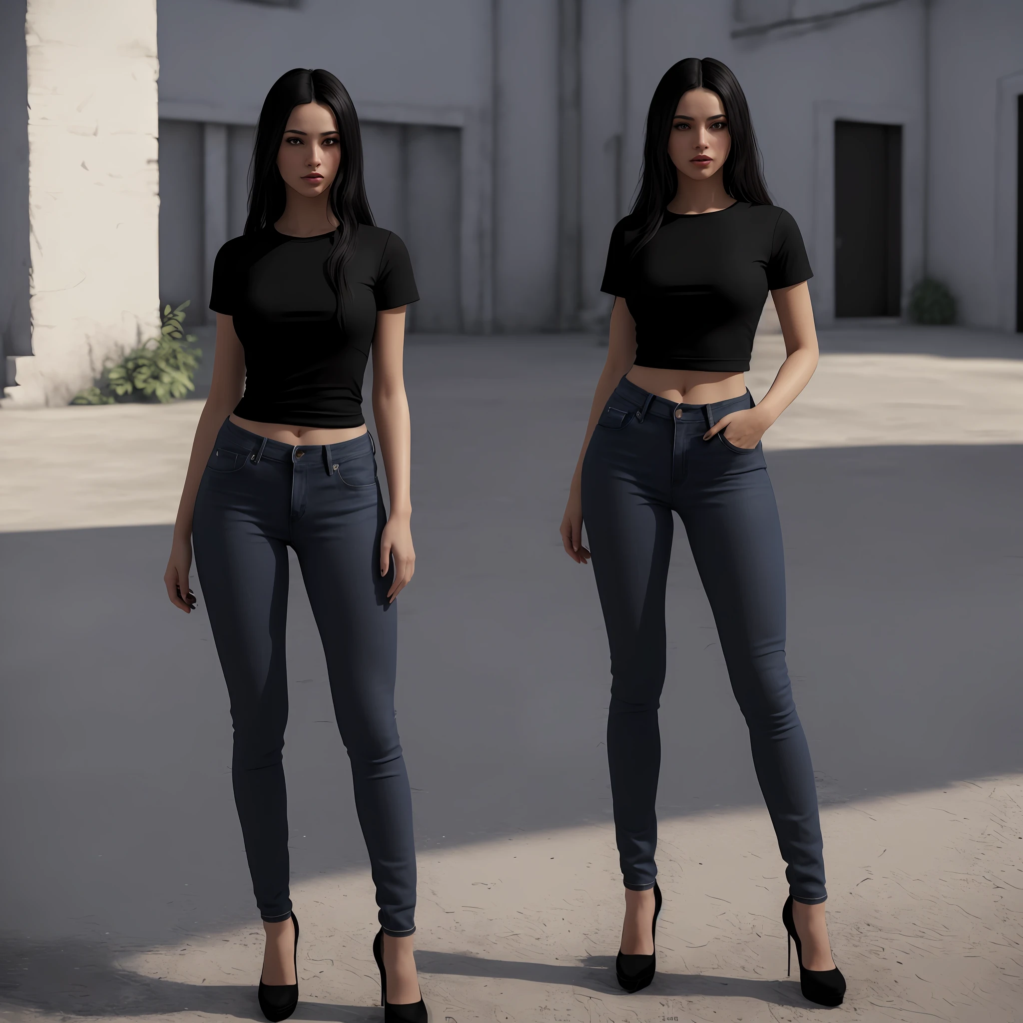 Latin young women, black hair, a portrait photo of a stylish woman, wearing a black round neck Tee-shirt, tight jeans, full body length tee-shirt, complex background, (8k, RAW photo, best quality, ultra high res, absurdres, intricate, photorealistic, masterpiece, ultra-detailed, Unreal Engine)