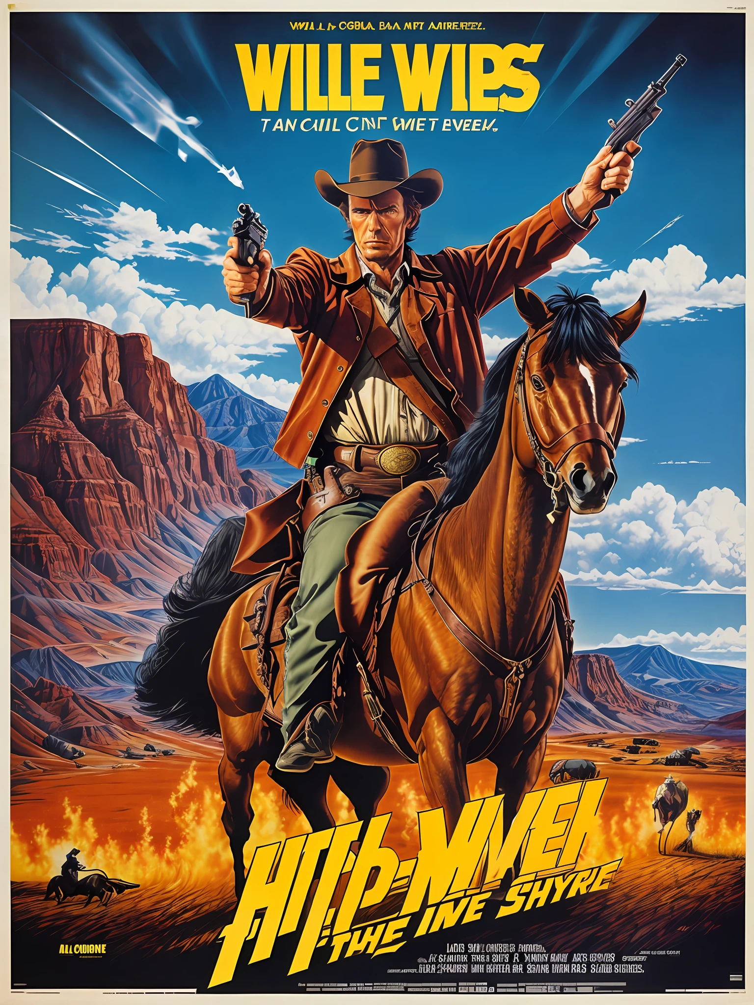 80s movie poster, Clint Eastwood as a cowboy, holding a pistol, Wild West background, highly detailed, masterpiece,