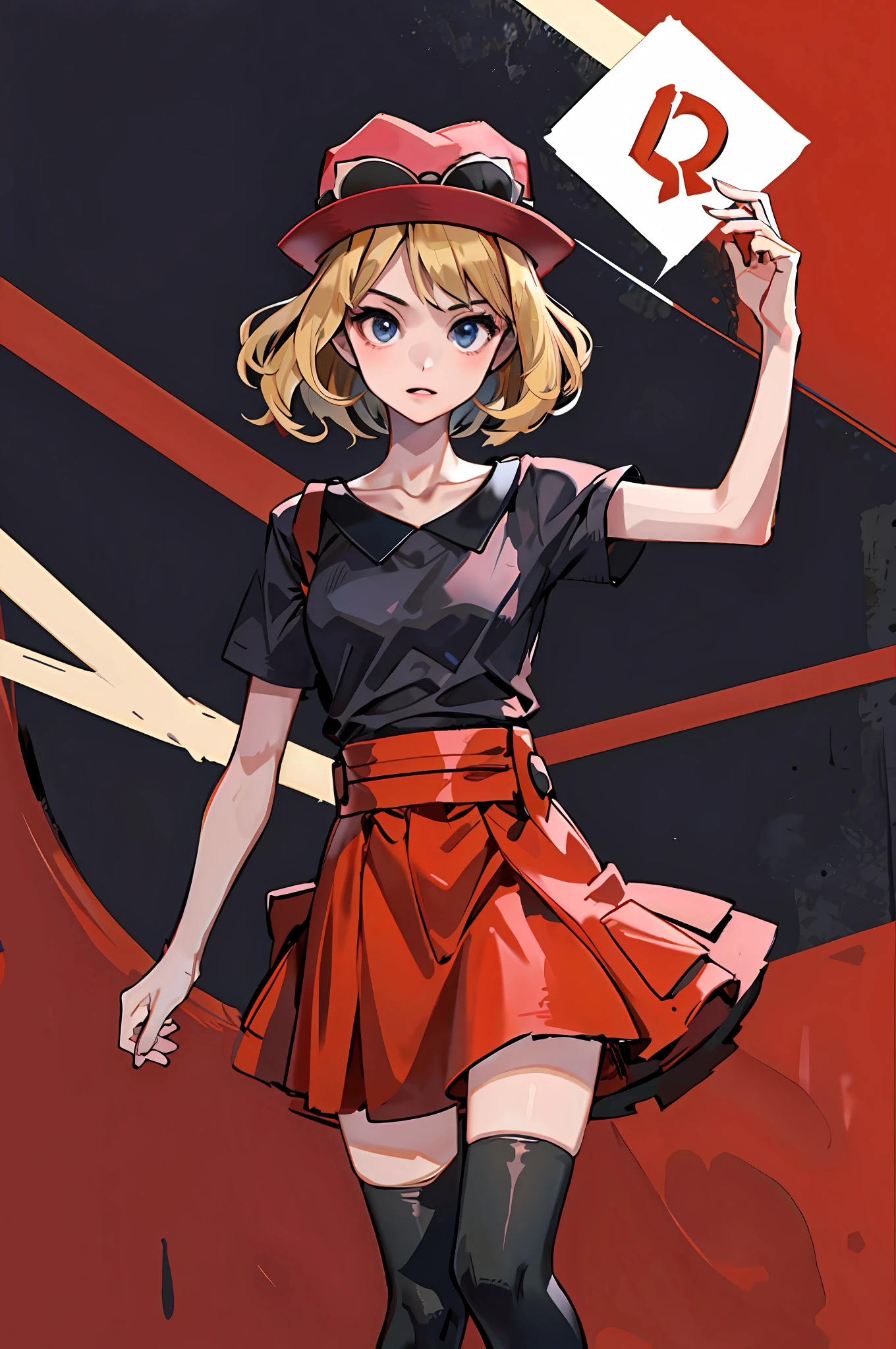 (masterpiece:1.2, best quality), 1girl, solo, short hair, blonde hair, red hat, black T-shirt, black thighhighs, pink dress