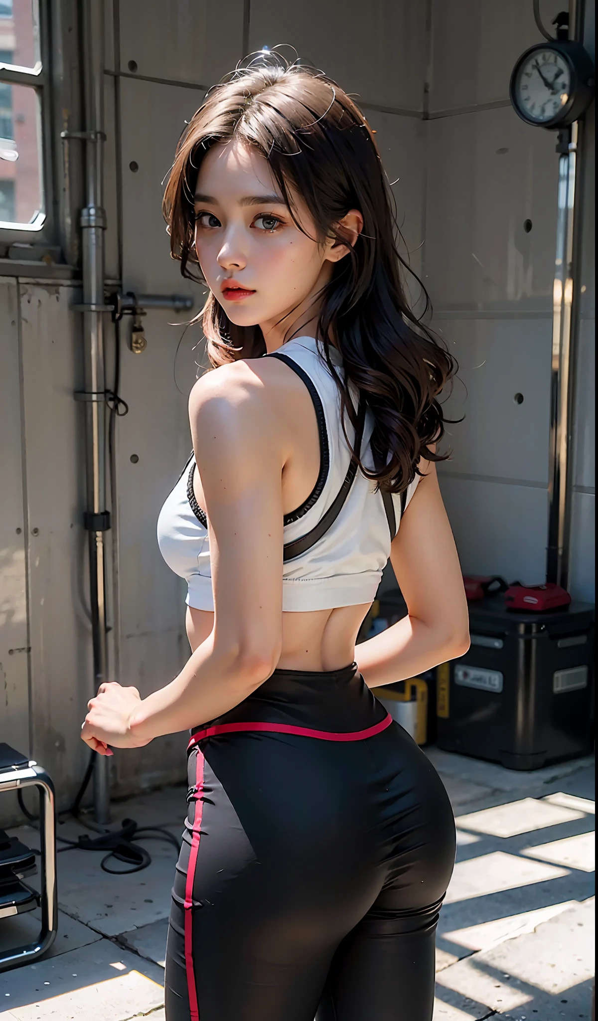 (8k, RAW photo, best quality, masterpiece:1.2), (realistic, photo-realistic:1.37),1girl, professional lighting, photon mapping, radiosity, Korean Doll, leggings, gym, big butt
